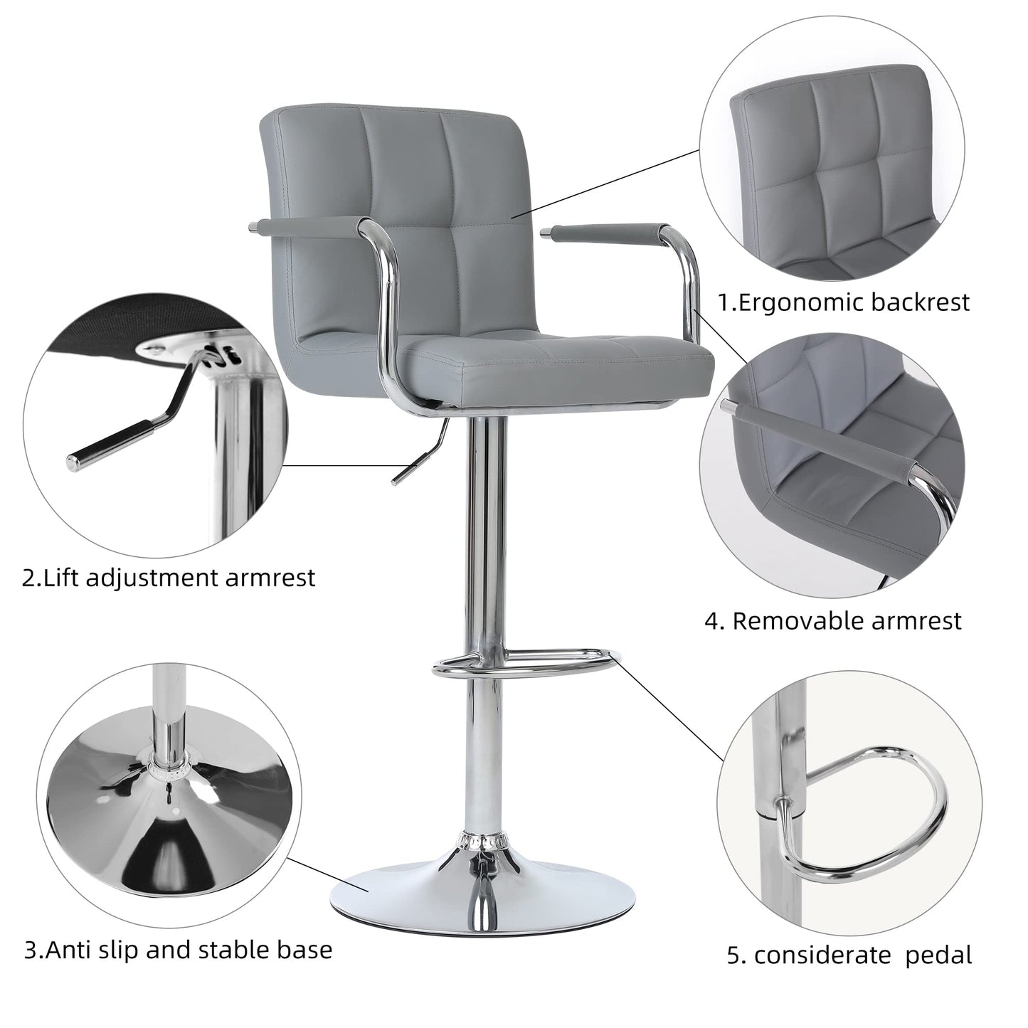 Millhouse Pair of Cuban Bar Stools Set of 2 with Arms Leatherette Exterior, Adjustable Swivel Gas Lift, Chrome Footrest Base for Breakfast Bar DM717 (SilverGrey-)
