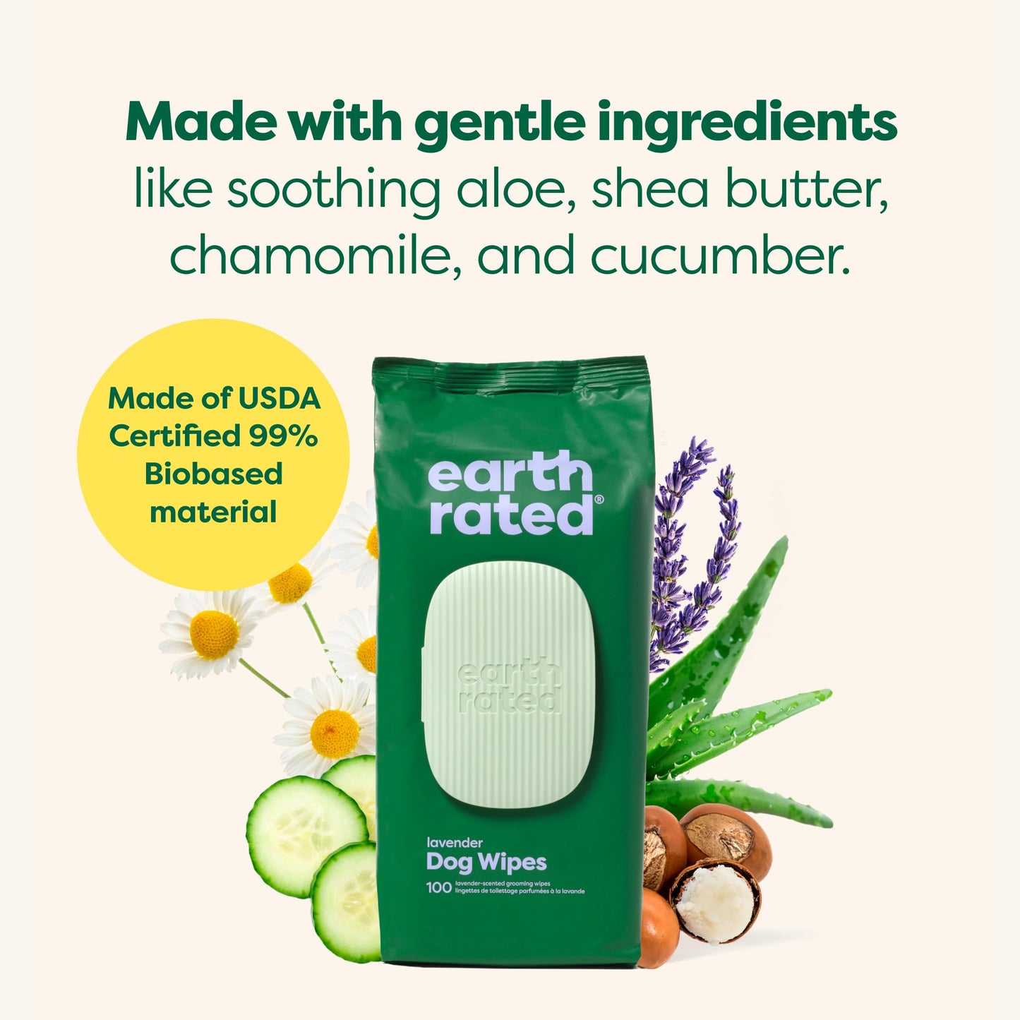 Earth Rated Dog Wipes for Dogs & Puppies, Thick Plant Based Grooming Wipes For Easy Use on Paws, Body and Bum, Lavender Scented, 100 Count