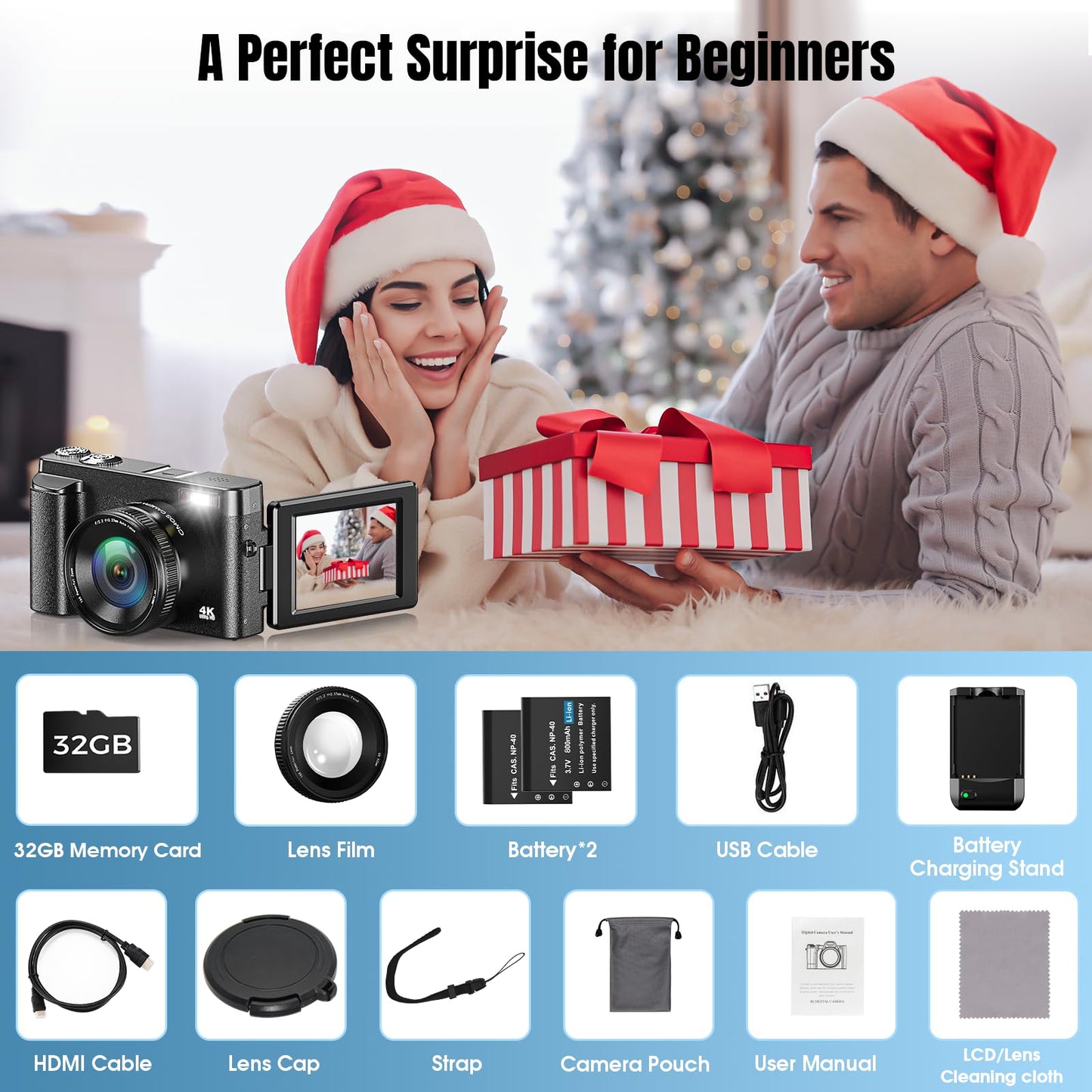 Digital Camera,Oiadek 4K 48MP Autofocus Vlogging Camera with 32G Memory Card 16X Digital Zoom,Compact Digital Camera with 3.0 inch 180° Flip Screen and Battery charger for Teenagers, Beginners,Adults