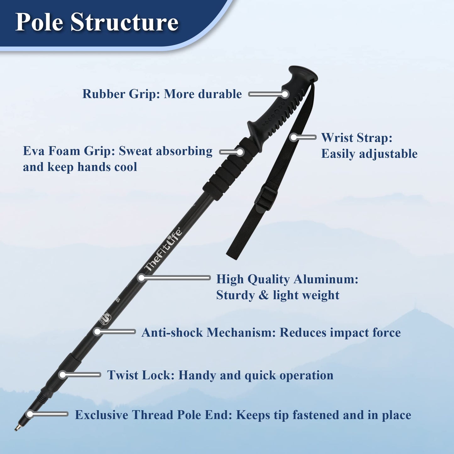 Hiking Walking Trekking Poles - 2 Pack With Antishock And Quick Lock System, Telescopic, Collapsible, Ultralight For Hiking, Camping