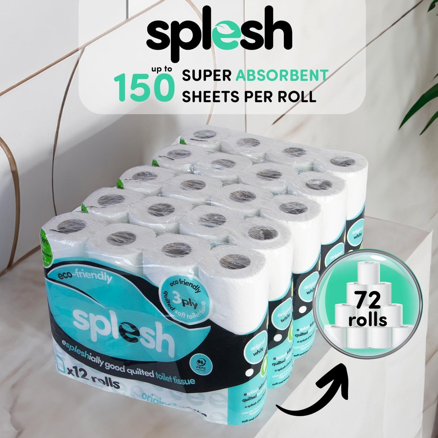 Splesh by Cusheen 3-ply Toilet Roll - Unscented (72 Pack) Soft, Quilted Bulk Toilet Rolls, Eco-Friendly Toilet Paper Sustainably Crafted in The UK