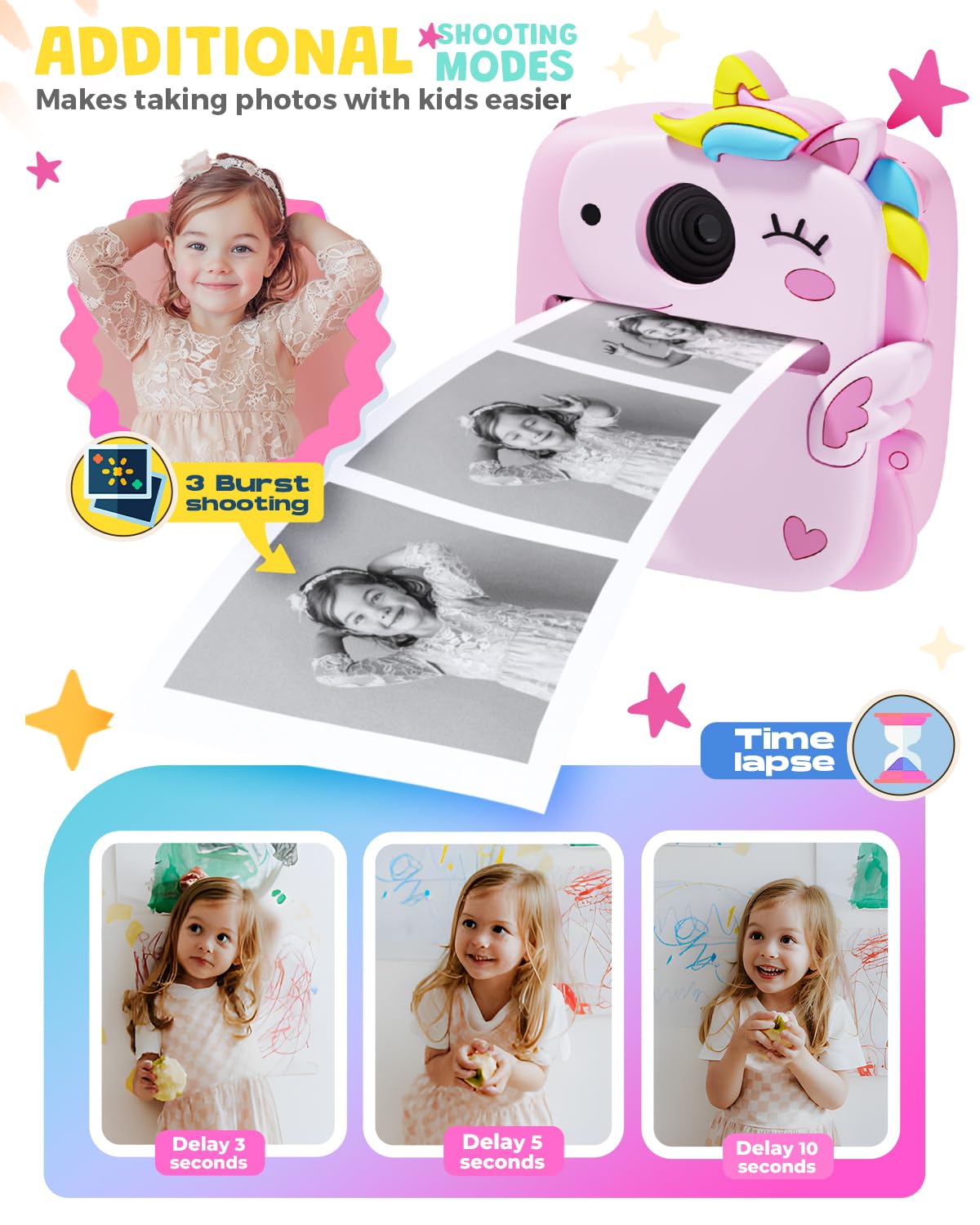 Kids Camera Instant Print for Boys Girls, Christmas Birthday Gifts for 3 4 5 6 7 8 9 Year Old Boys Girls, 1080P Kids Digital Camera Toys for Kids Age 3-9 Pink