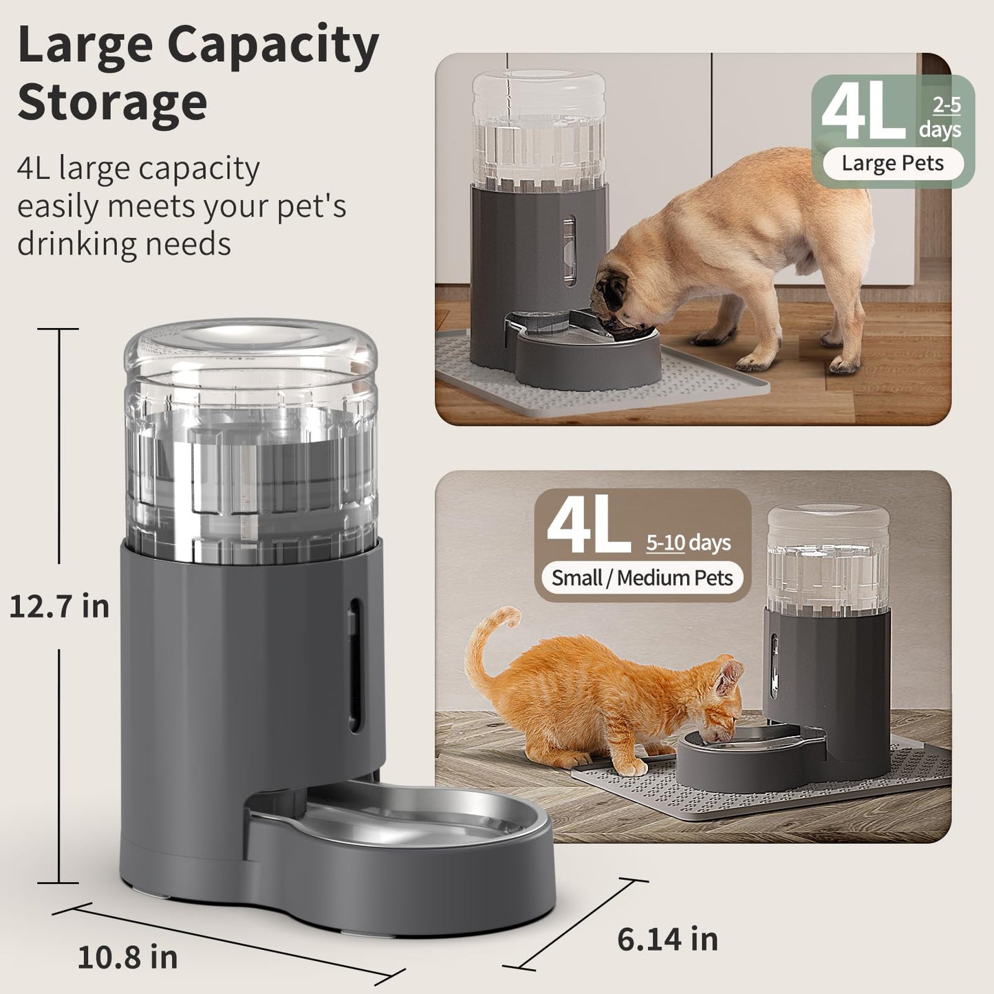 JUNSPOW Cat Water Dispenser with Placemat and Stainless Steel Bowl, Automatic Gravity Water Dispenser for Cats or Small Medium Size Dogs, Large Capacity, Easy to Clean and Safe for Pets (4L)