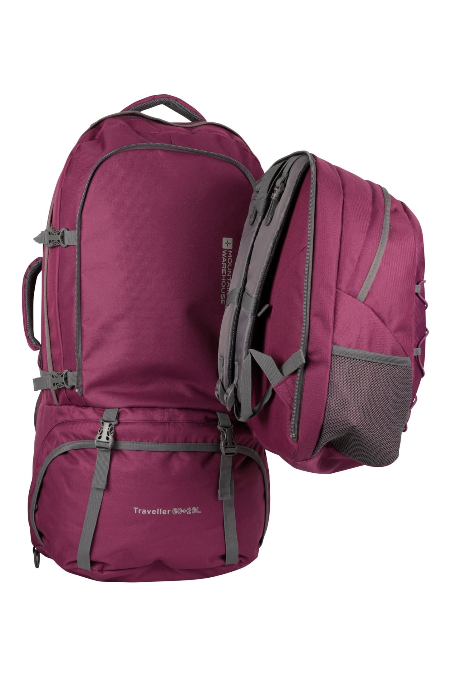 Mountain Warehouse Purple Traveller 60 + 20L Rucksack - with Rain Cover, Detachable Daypack, Adjustable Back Support - Great for Camping, Hiking