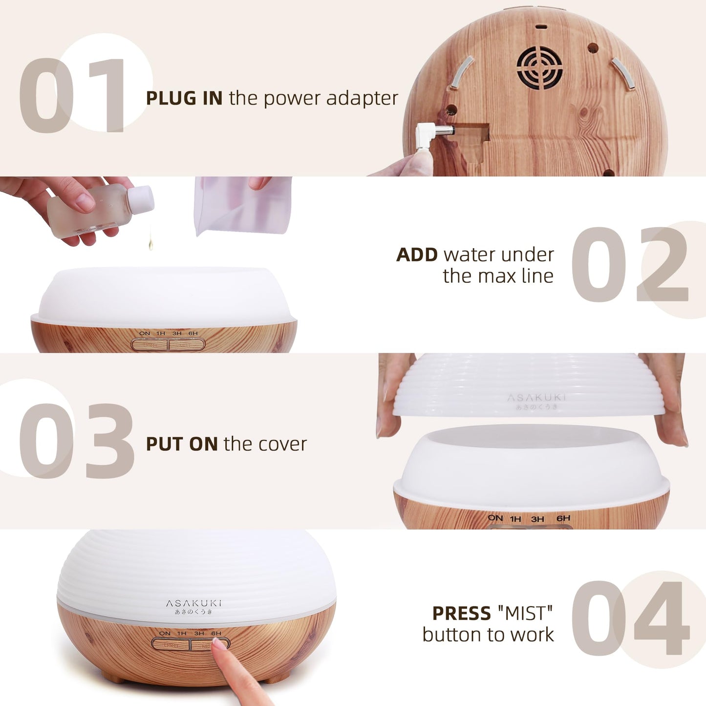 ASAKUKI Essential Oil Diffusers, 300ML 5 in 1 Ultrasonic Aromatherapy Fragrant Oil Humidifier Vaporizer with Auto Shut Off, 4 Timing Set, 7 LED Lights for Home Office Sleep