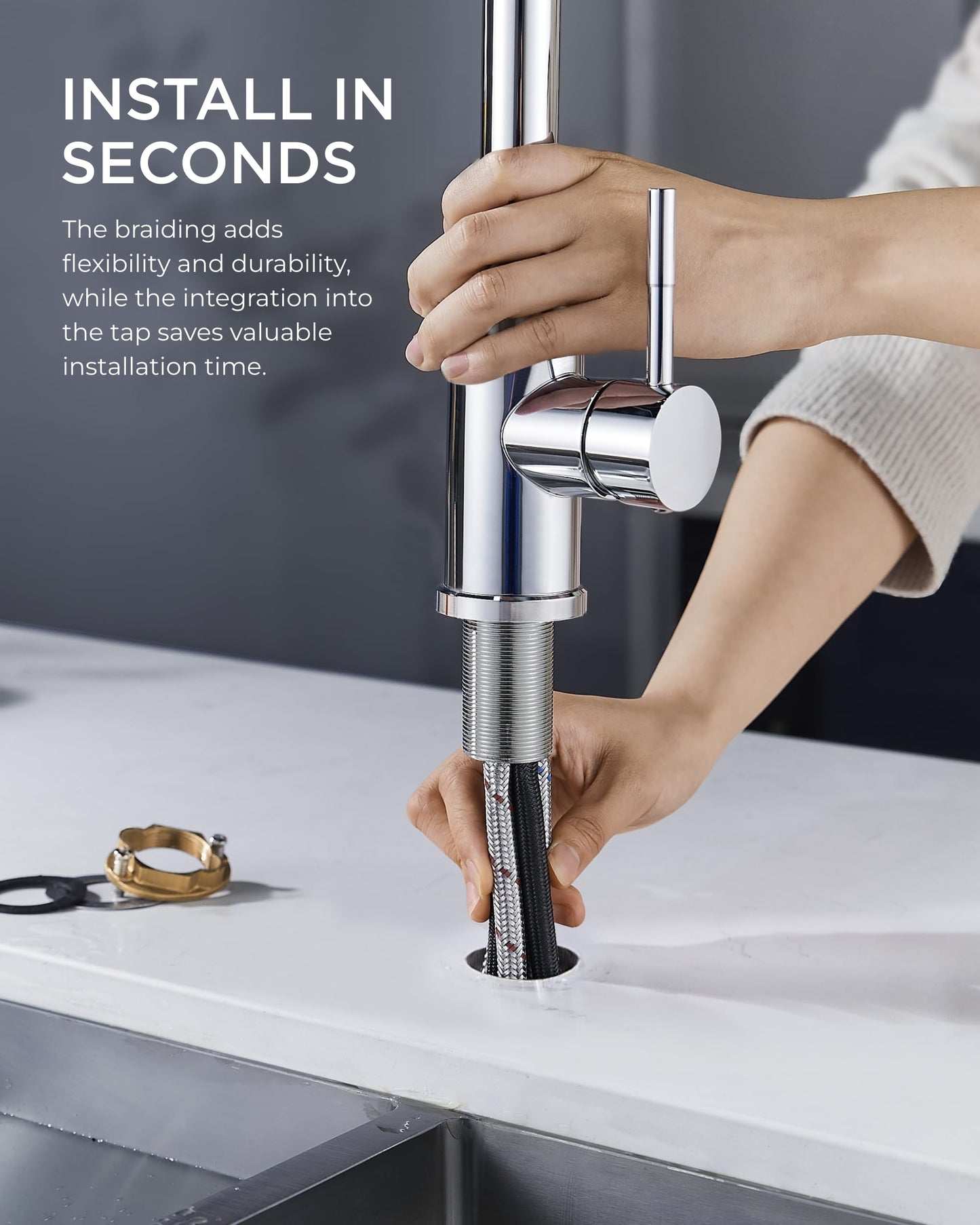 FORIOUS Kitchen Sink Taps Mixer with Pull Out Spray, Swivel Single Handle High Arc Pull Down Stainless Steel Kitchen Faucet, Polished Chrome