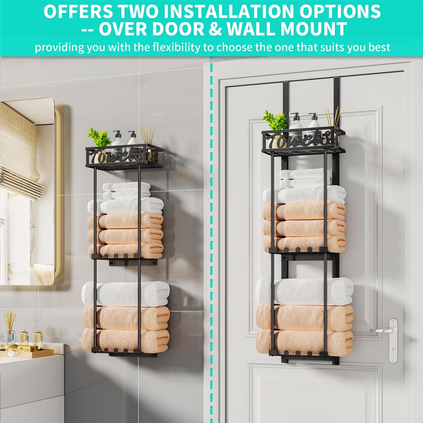 HapiRm Over Door Towel Rack - 3 Tier Towel Rack Wall Mounted with Metal Shelf Basket and 6 Hooks, Space-Saving Bathroom Towel Holder, Bathroom Towel Storage for Small Bathroom Storage & Organisation