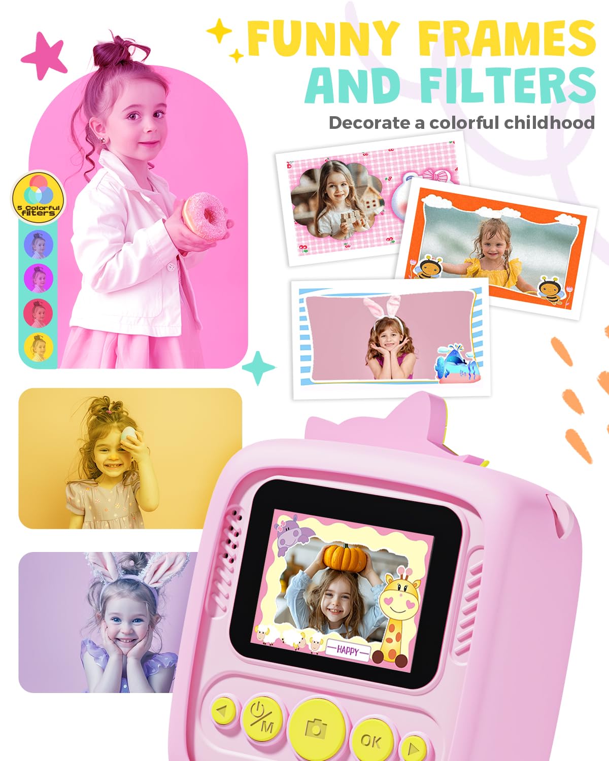 Kids Camera Instant Print for Boys Girls, Christmas Birthday Gifts for 3 4 5 6 7 8 9 Year Old Boys Girls, 1080P Kids Digital Camera Toys for Kids Age 3-9 Pink