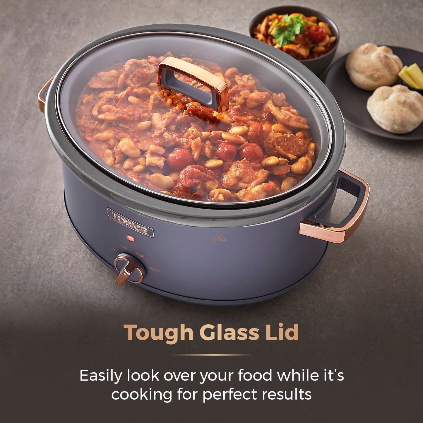 Tower T16043GRY Cavaletto 6.5 Litre Slow Cooker with 3 Heat Settings, Cool Touch Handles, Grey and Rose Gold