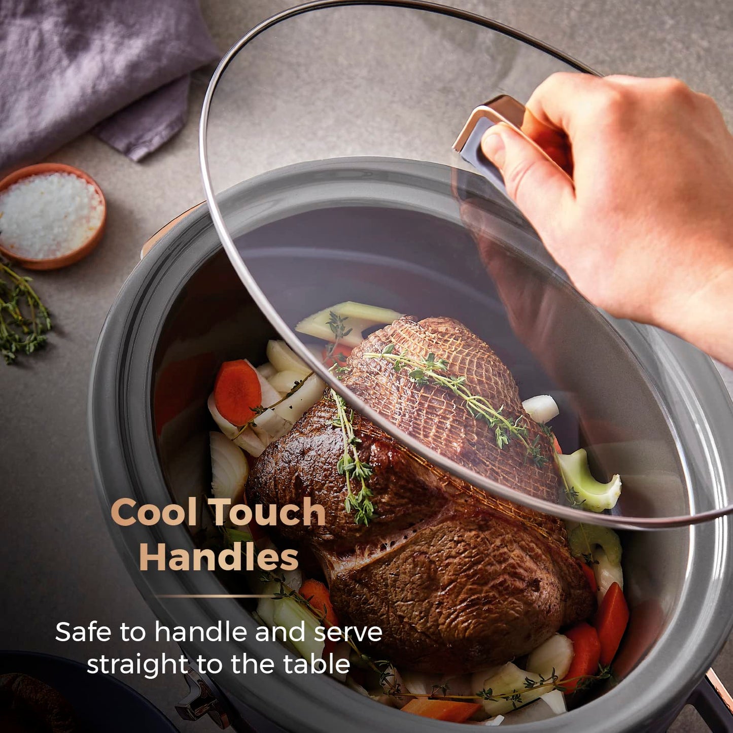 Tower T16043GRY Cavaletto 6.5 Litre Slow Cooker with 3 Heat Settings, Cool Touch Handles, Grey and Rose Gold