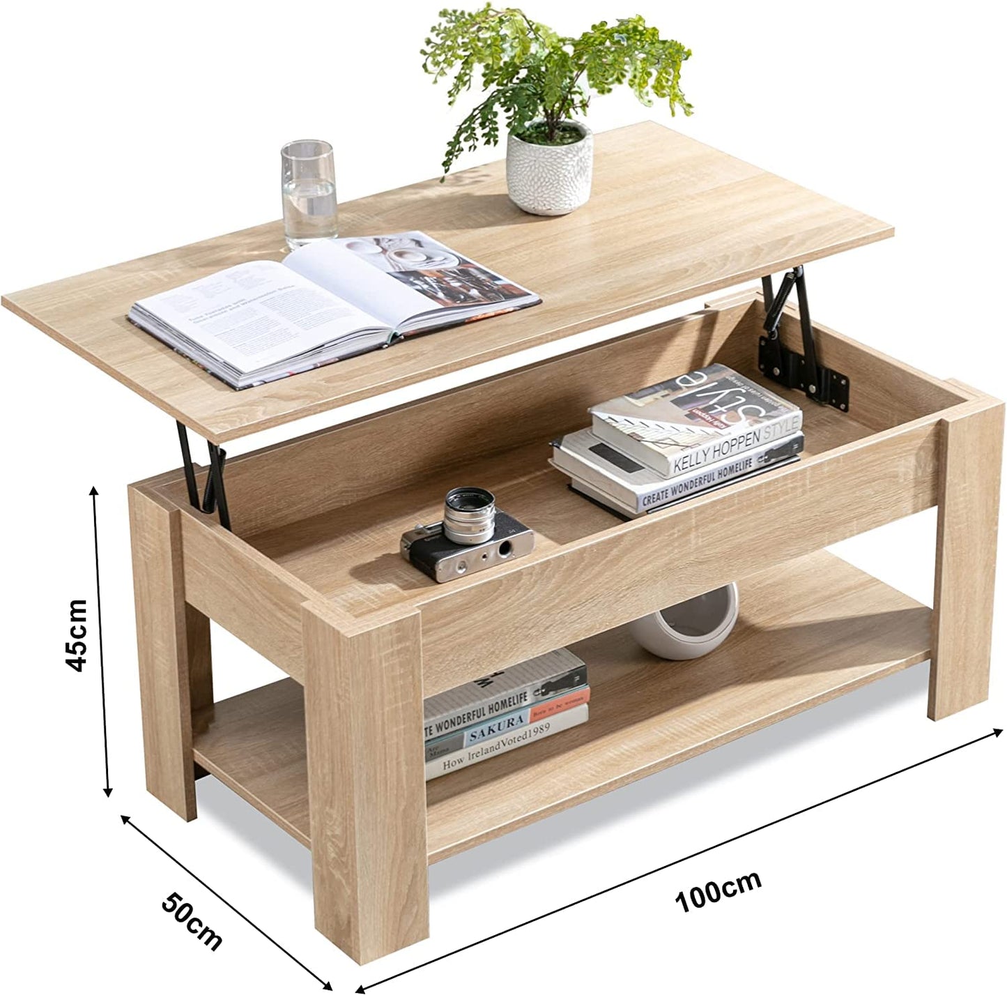 Blisswood Coffee Table With Storage, Lift Up Coffee Tables for Living Room, Wooden Coffee Table With 1 Shelf Large Hidden Storage Modern Rectangular Sofa End Lift-Top Tea Table Furniture (Oak)