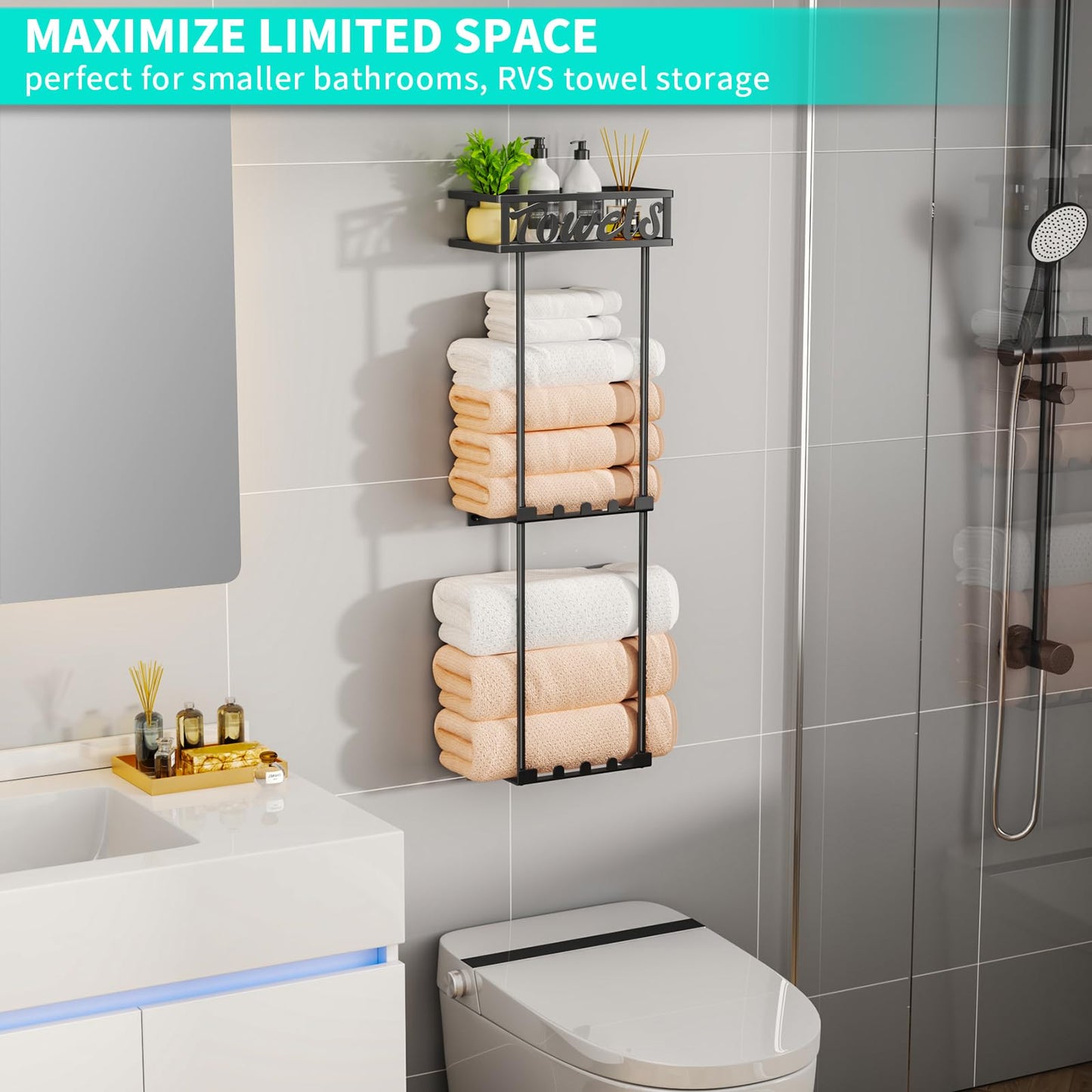 HapiRm Over Door Towel Rack - 3 Tier Towel Rack Wall Mounted with Metal Shelf Basket and 6 Hooks, Space-Saving Bathroom Towel Holder, Bathroom Towel Storage for Small Bathroom Storage & Organisation