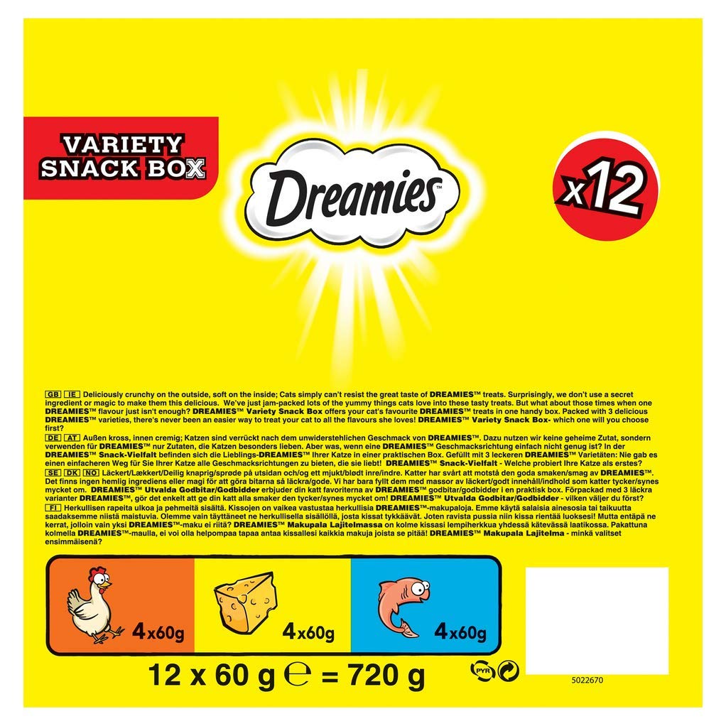 DREAMIES - Cat Treats - 12 x 60g - Multipack Biscuits - Variety Snack Box - 12 Pouches