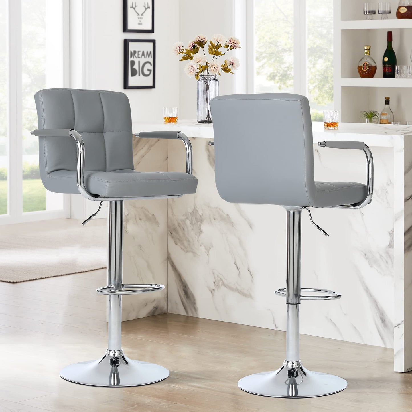 Millhouse Pair of Cuban Bar Stools Set of 2 with Arms Leatherette Exterior, Adjustable Swivel Gas Lift, Chrome Footrest Base for Breakfast Bar DM717 (SilverGrey-)