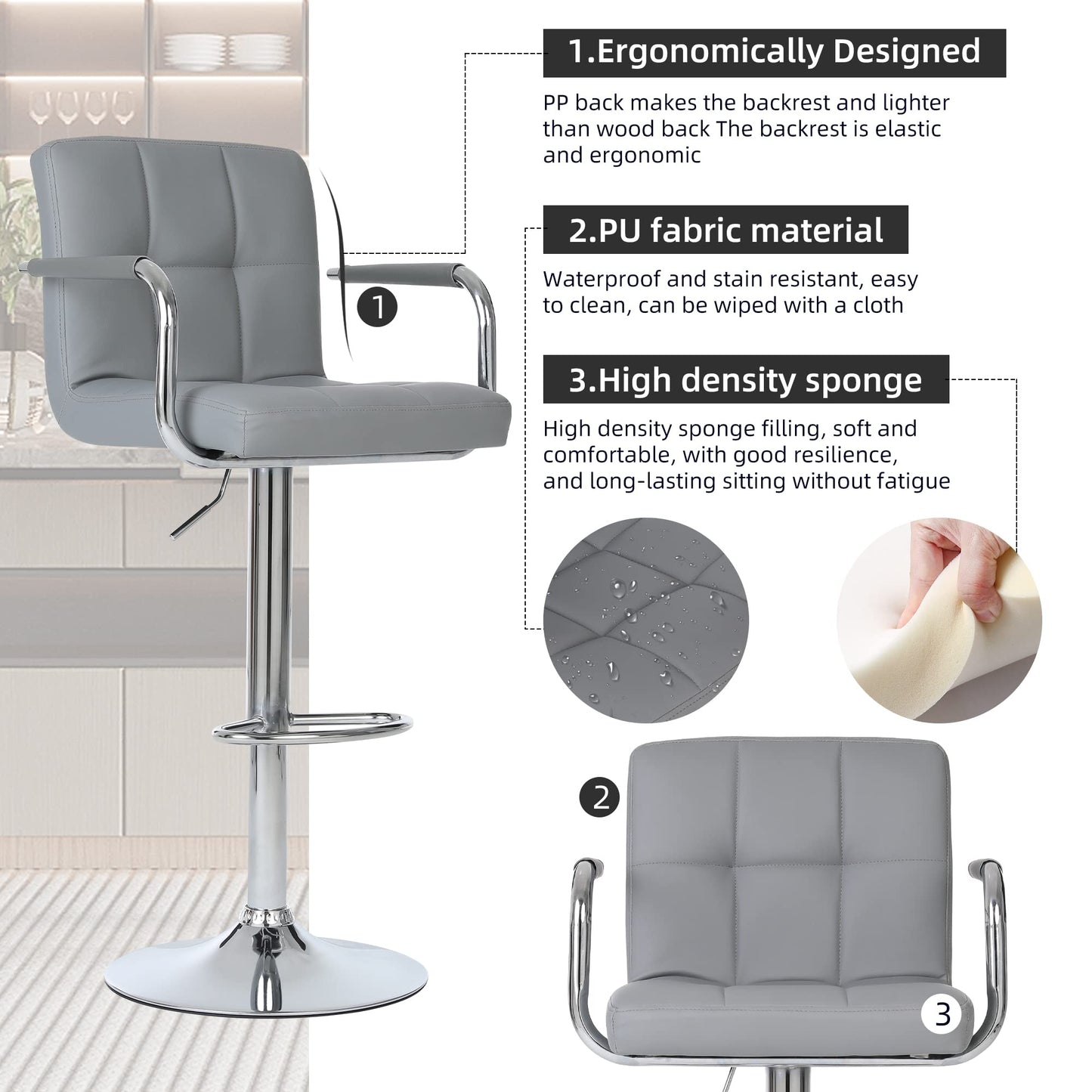 Millhouse Pair of Cuban Bar Stools Set of 2 with Arms Leatherette Exterior, Adjustable Swivel Gas Lift, Chrome Footrest Base for Breakfast Bar DM717 (SilverGrey-)
