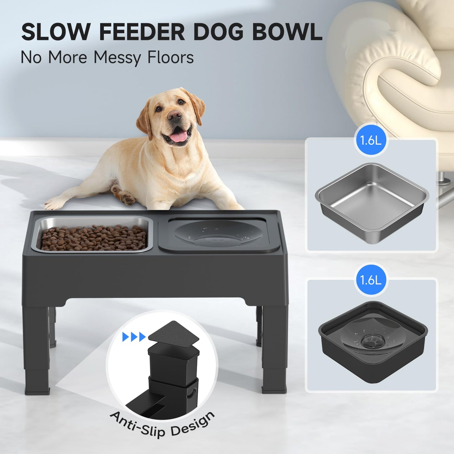 ELS PET Raised Dog Bowl: 2-in-1 Elevated Dog Bowl with Non-Spill Slow Water Bowl and Stainless Steel Dog Food Bowl, 4 Height Adjustable Pet Dispenser with Stand for Small Medium Large Dog Cat