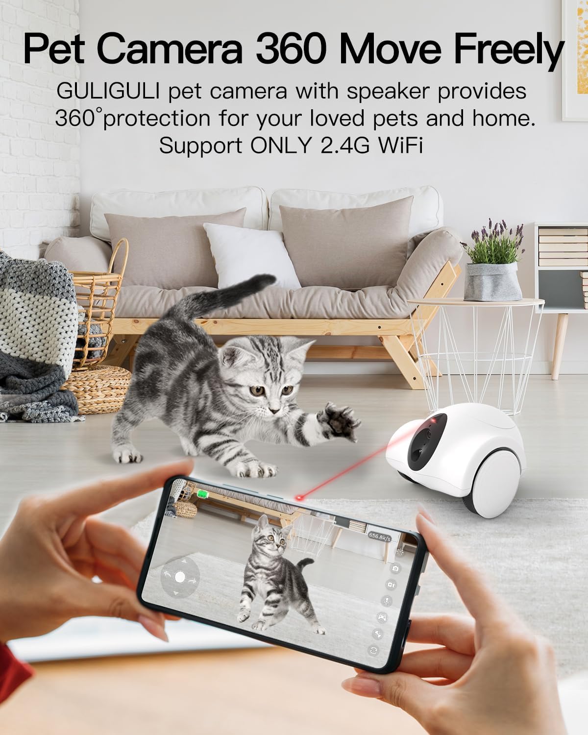GULIGULI Dog Camera, Pet Camera for Dogs & Cats, Full House Mobile Monitoring, 2 Way Talk, 15-Day Long Endurance, No Monthly Fee, Cat Laser (2.4G WiFi ONLY)