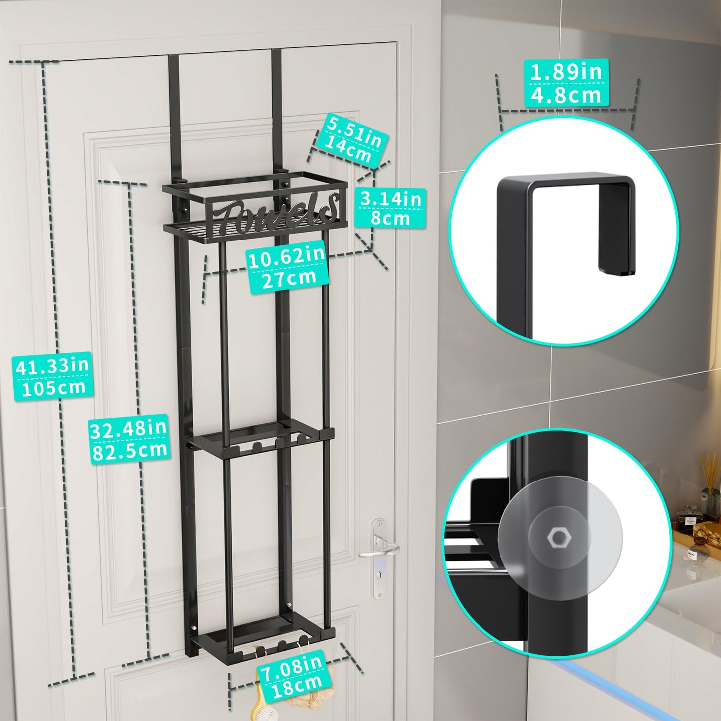HapiRm Over Door Towel Rack - 3 Tier Towel Rack Wall Mounted with Metal Shelf Basket and 6 Hooks, Space-Saving Bathroom Towel Holder, Bathroom Towel Storage for Small Bathroom Storage & Organisation