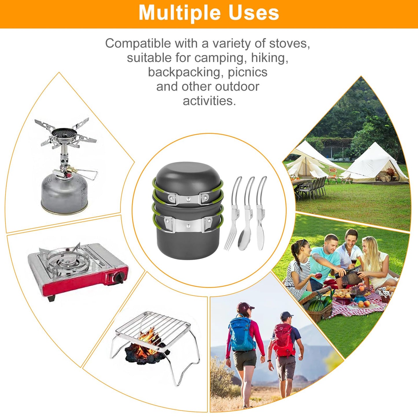 Camping Cookware Mess Kit Backpacking Pot Gear Camping Cooking Pots and Pans Set Camp Kitchen Equipment Accessories Green One Size