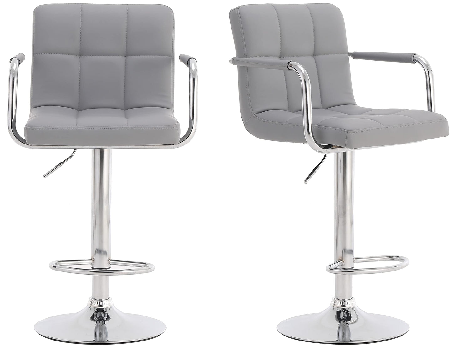 Millhouse Pair of Cuban Bar Stools Set of 2 with Arms Leatherette Exterior, Adjustable Swivel Gas Lift, Chrome Footrest Base for Breakfast Bar DM717 (SilverGrey-)