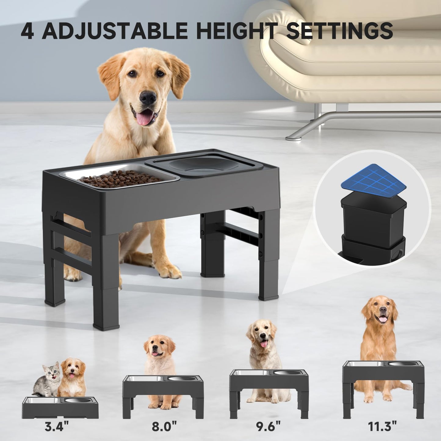 ELS PET Raised Dog Bowl: 2-in-1 Elevated Dog Bowl with Non-Spill Slow Water Bowl and Stainless Steel Dog Food Bowl, 4 Height Adjustable Pet Dispenser with Stand for Small Medium Large Dog Cat