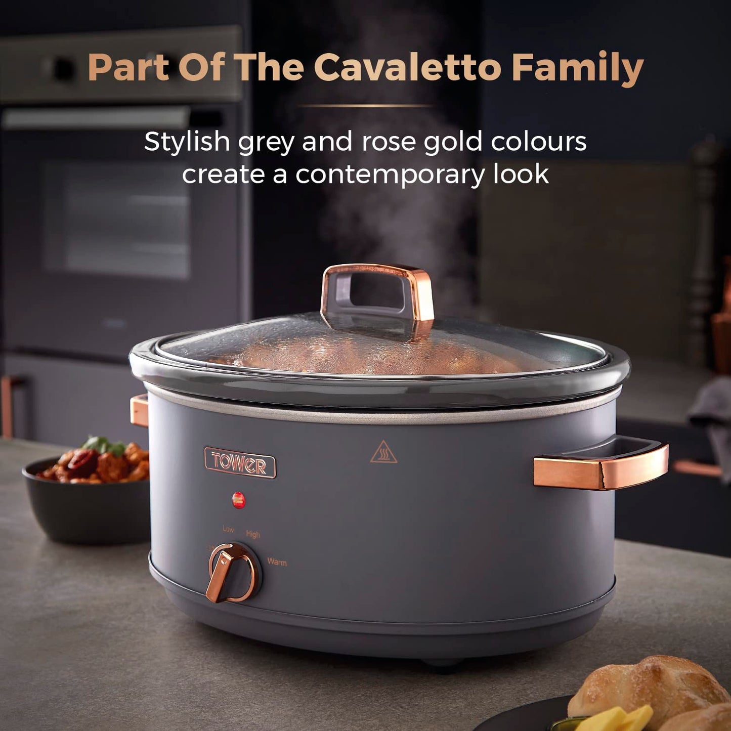 Tower T16043GRY Cavaletto 6.5 Litre Slow Cooker with 3 Heat Settings, Cool Touch Handles, Grey and Rose Gold