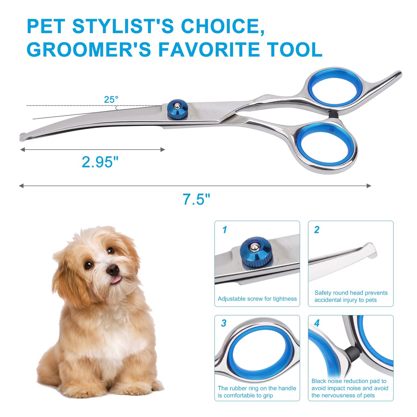 Pet Grooming Scissors with Safety Round Tip, Curved Grooming Shears Scissors, Stainless Steel Pet Grooming Tools (Silver Down Curved Scissor)