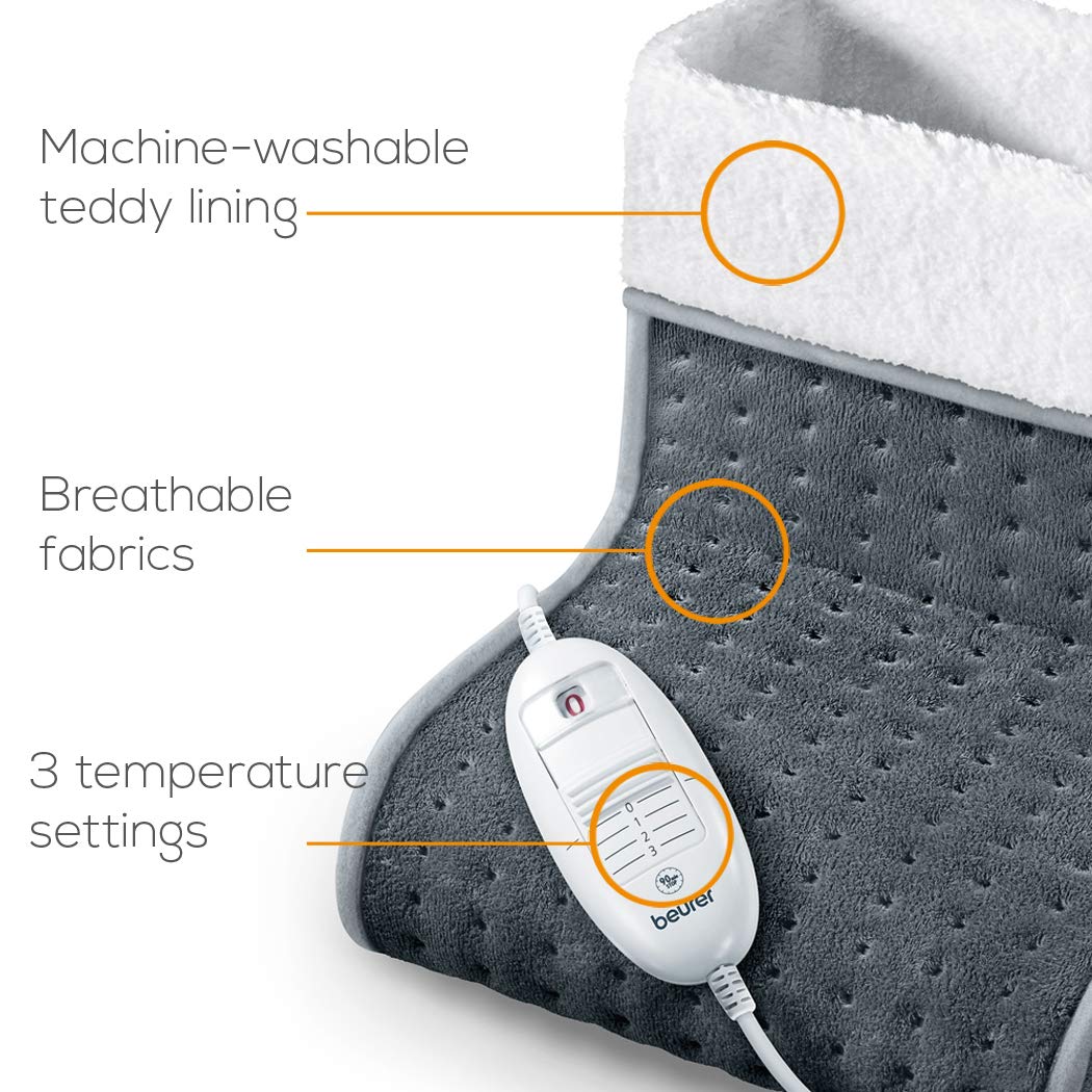 Beurer FW20UK Cosy Foot Warmer - Grey, Electric foot warmer for cold feet, 3 temperature settings, Cosy teddy fleece lining, Soft and breathable, Suitable up to shoe size 12.5, Washable lining