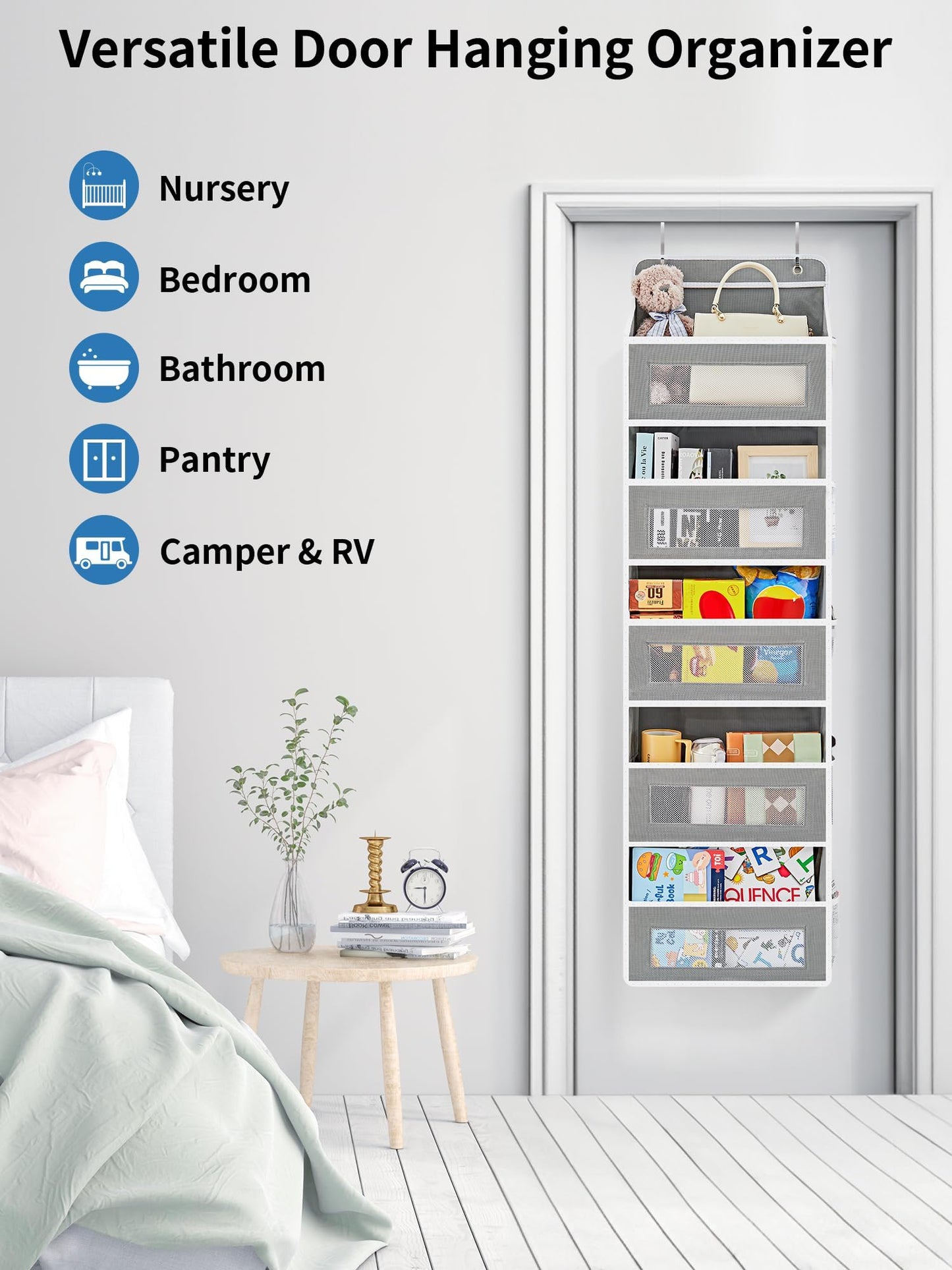 HurLuksi Over The Door Organiser Storage, 5 Shelves Hanging Door Organiser with Capacity Pockets, Anti Tilt 44 lb Load Behind Door Organiser for Bedroom, Bathroom, Pantry, Nursery
