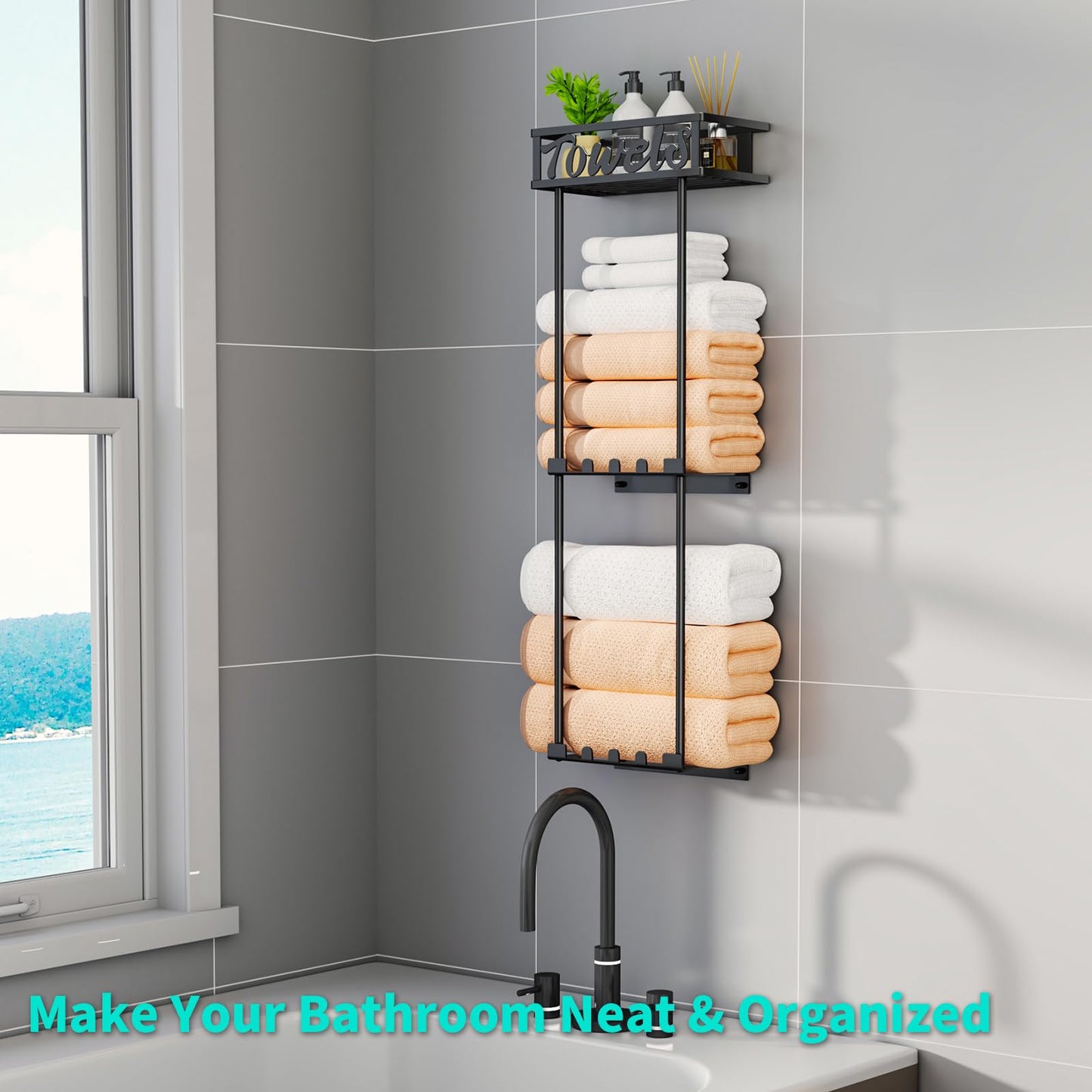 HapiRm Over Door Towel Rack - 3 Tier Towel Rack Wall Mounted with Metal Shelf Basket and 6 Hooks, Space-Saving Bathroom Towel Holder, Bathroom Towel Storage for Small Bathroom Storage & Organisation
