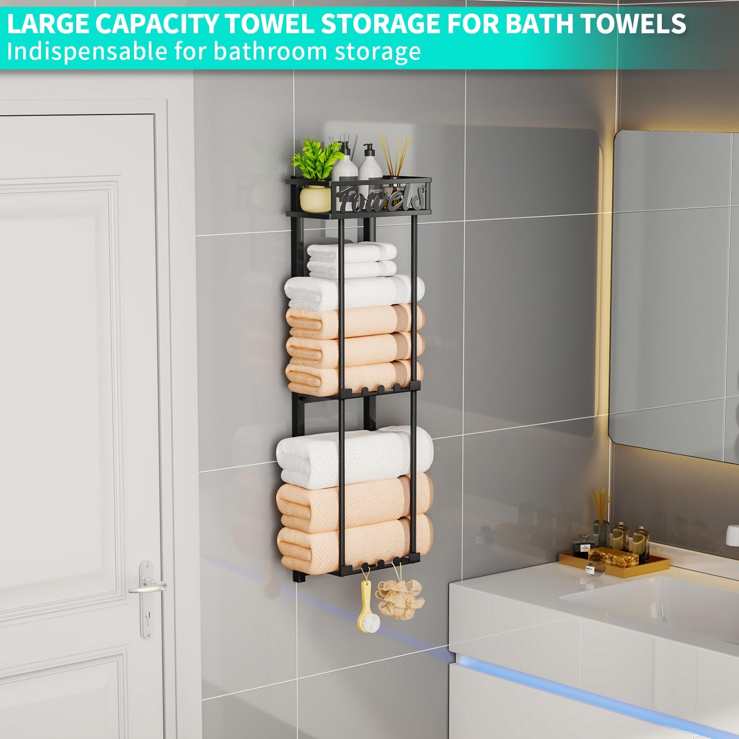 HapiRm Over Door Towel Rack - 3 Tier Towel Rack Wall Mounted with Metal Shelf Basket and 6 Hooks, Space-Saving Bathroom Towel Holder, Bathroom Towel Storage for Small Bathroom Storage & Organisation
