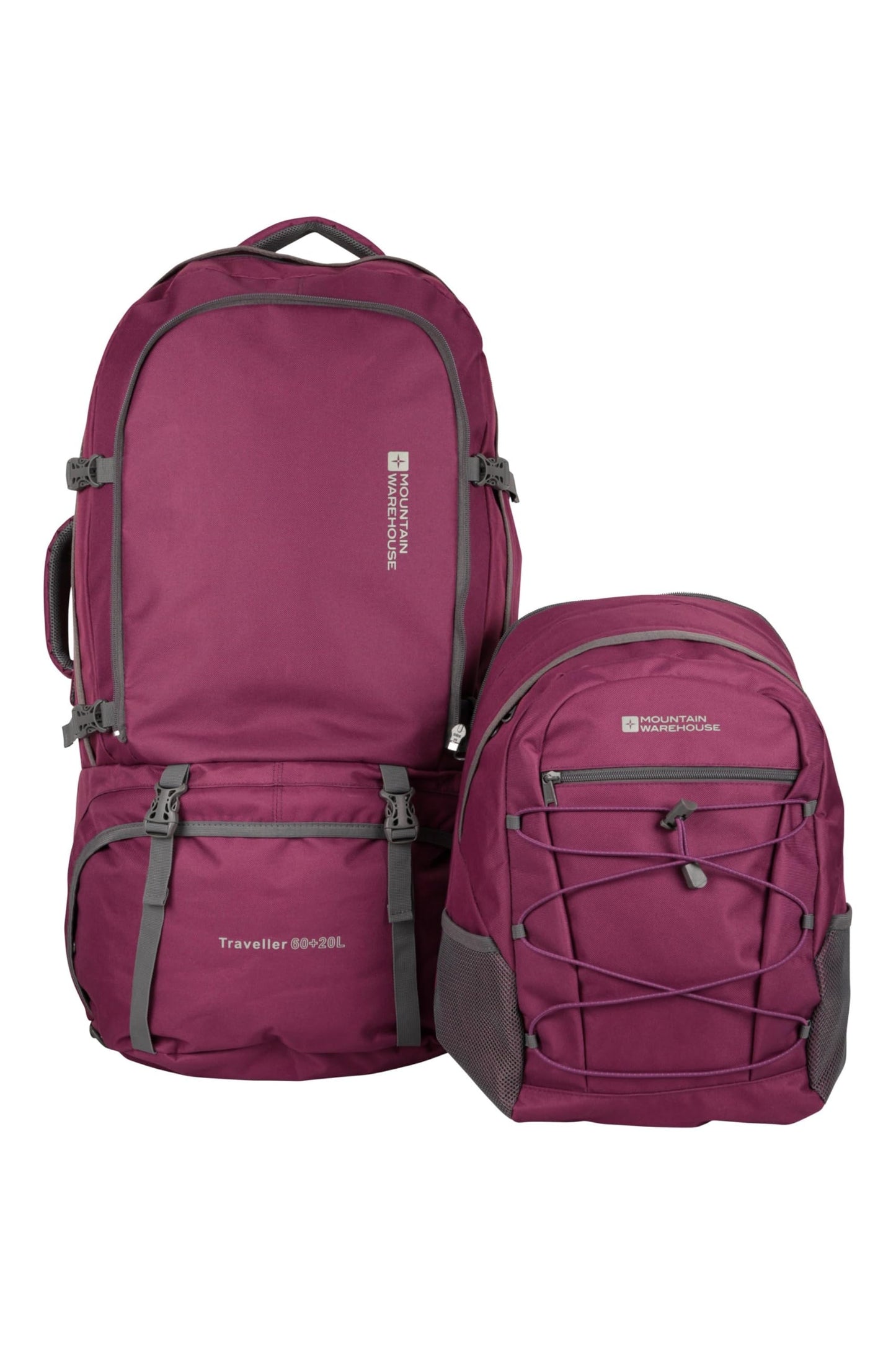 Mountain Warehouse Purple Traveller 60 + 20L Rucksack - with Rain Cover, Detachable Daypack, Adjustable Back Support - Great for Camping, Hiking