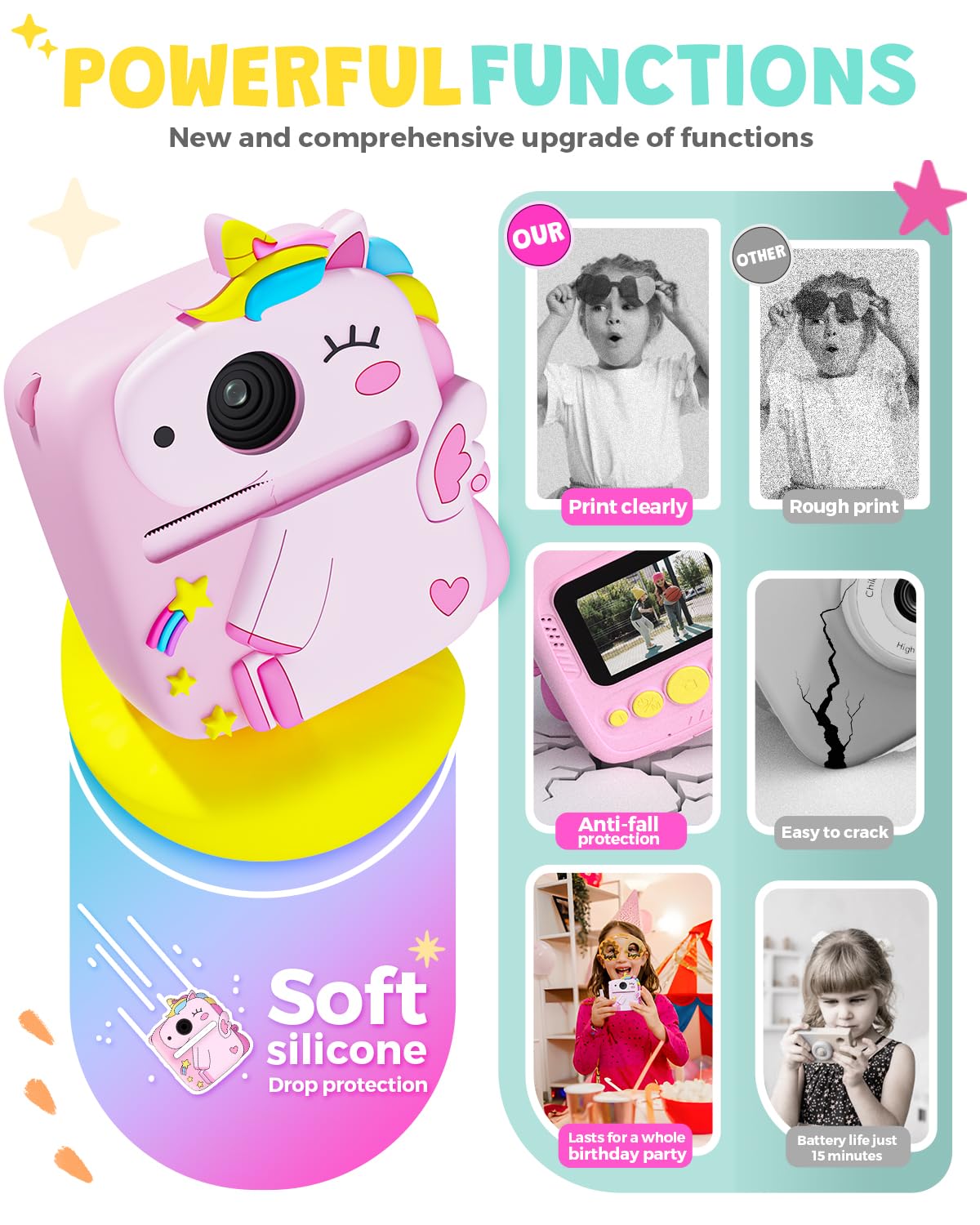 Kids Camera Instant Print for Boys Girls, Christmas Birthday Gifts for 3 4 5 6 7 8 9 Year Old Boys Girls, 1080P Kids Digital Camera Toys for Kids Age 3-9 Pink