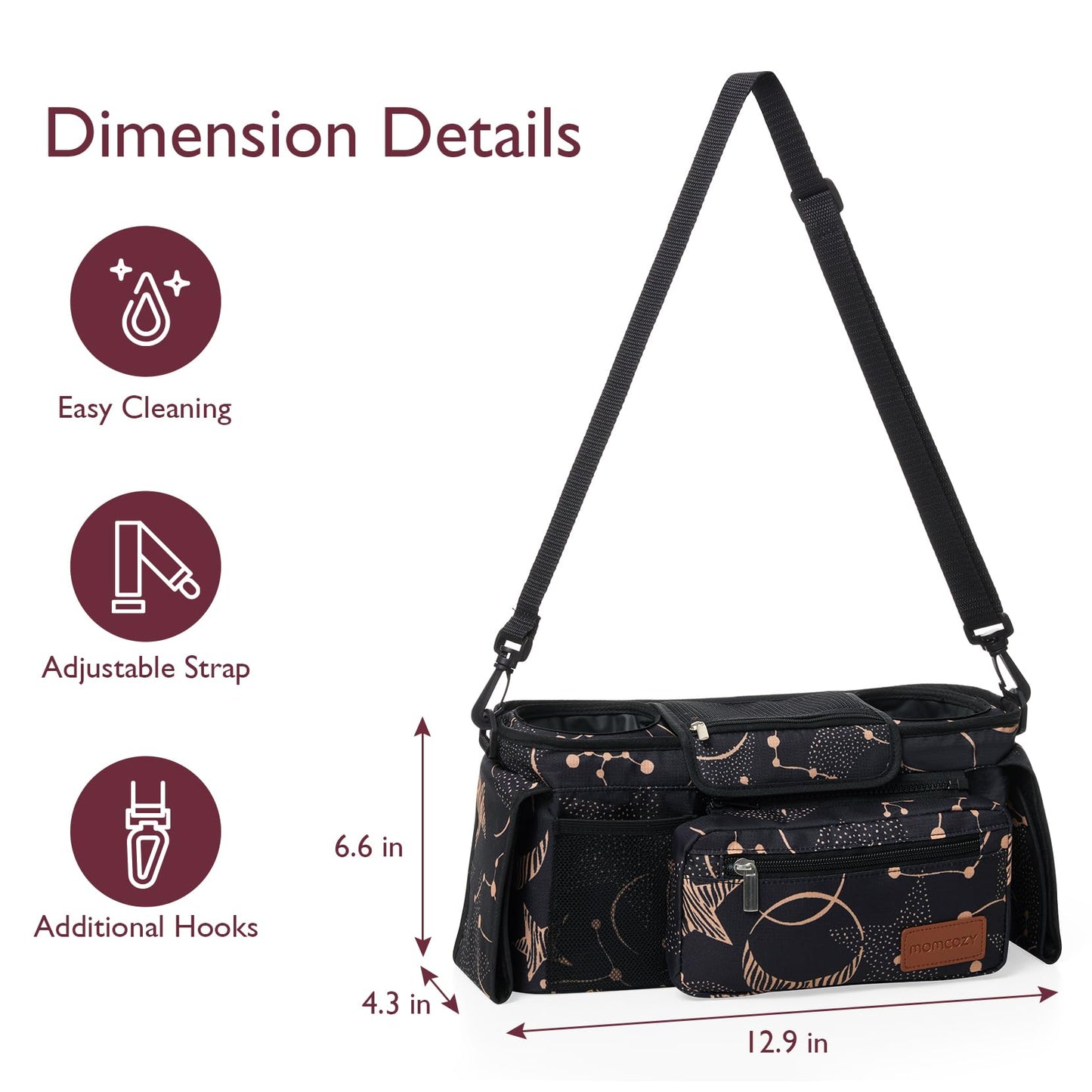 Momcozy Universal Baby Stroller Organizer, 2 Insulated Cup Holder, Detachable Zippered Pocket, Adjustable Shoulder Strap, Large capacity for baby essentials, Compact Design Fits Any Strollers