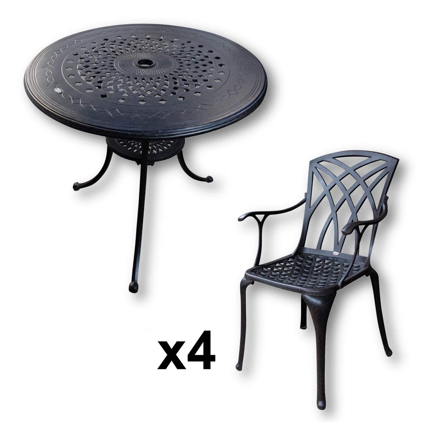 Lazy Susan Anna 4 Seater Round Garden Table, Maintenance Free, Weatherproof, Sand Cast Aluminium, Antique Bronze Finish, April Chairs, No Cushions