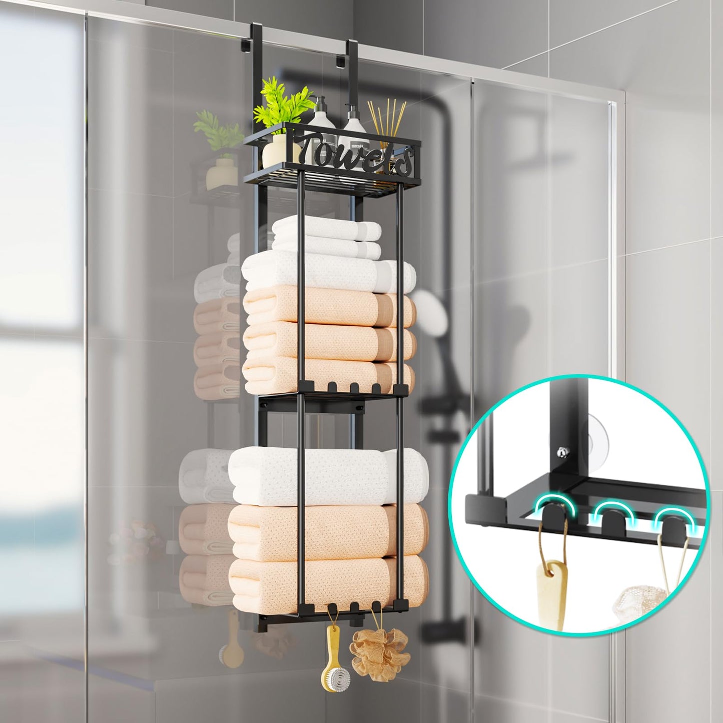 HapiRm Over Door Towel Rack - 3 Tier Towel Rack Wall Mounted with Metal Shelf Basket and 6 Hooks, Space-Saving Bathroom Towel Holder, Bathroom Towel Storage for Small Bathroom Storage & Organisation