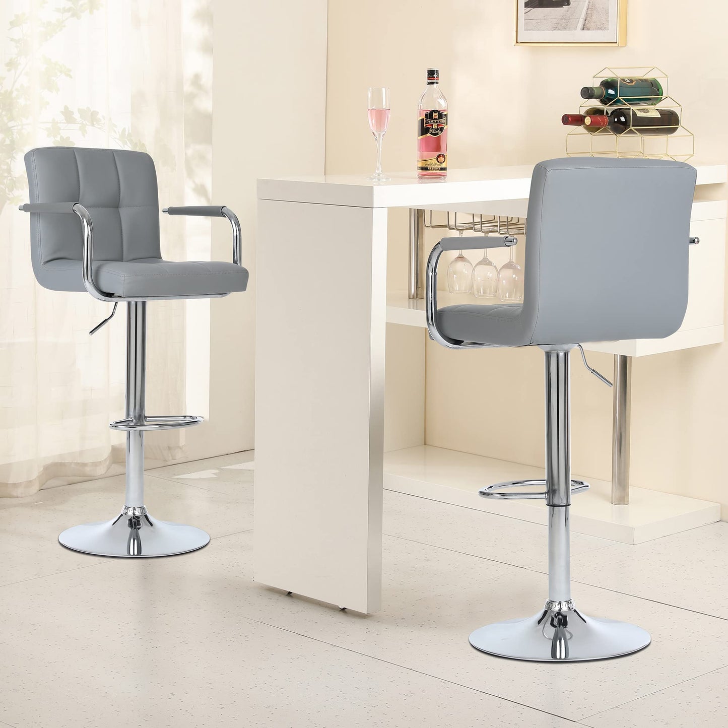 Millhouse Pair of Cuban Bar Stools Set of 2 with Arms Leatherette Exterior, Adjustable Swivel Gas Lift, Chrome Footrest Base for Breakfast Bar DM717 (SilverGrey-)