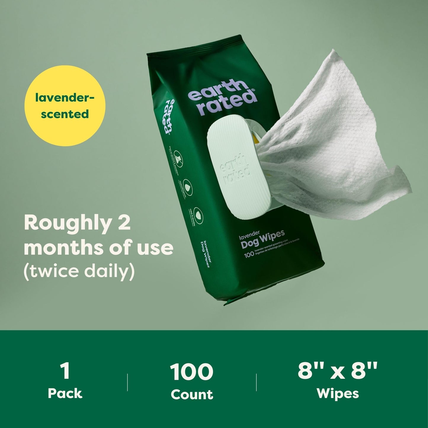 Earth Rated Dog Wipes for Dogs & Puppies, Thick Plant Based Grooming Wipes For Easy Use on Paws, Body and Bum, Lavender Scented, 100 Count