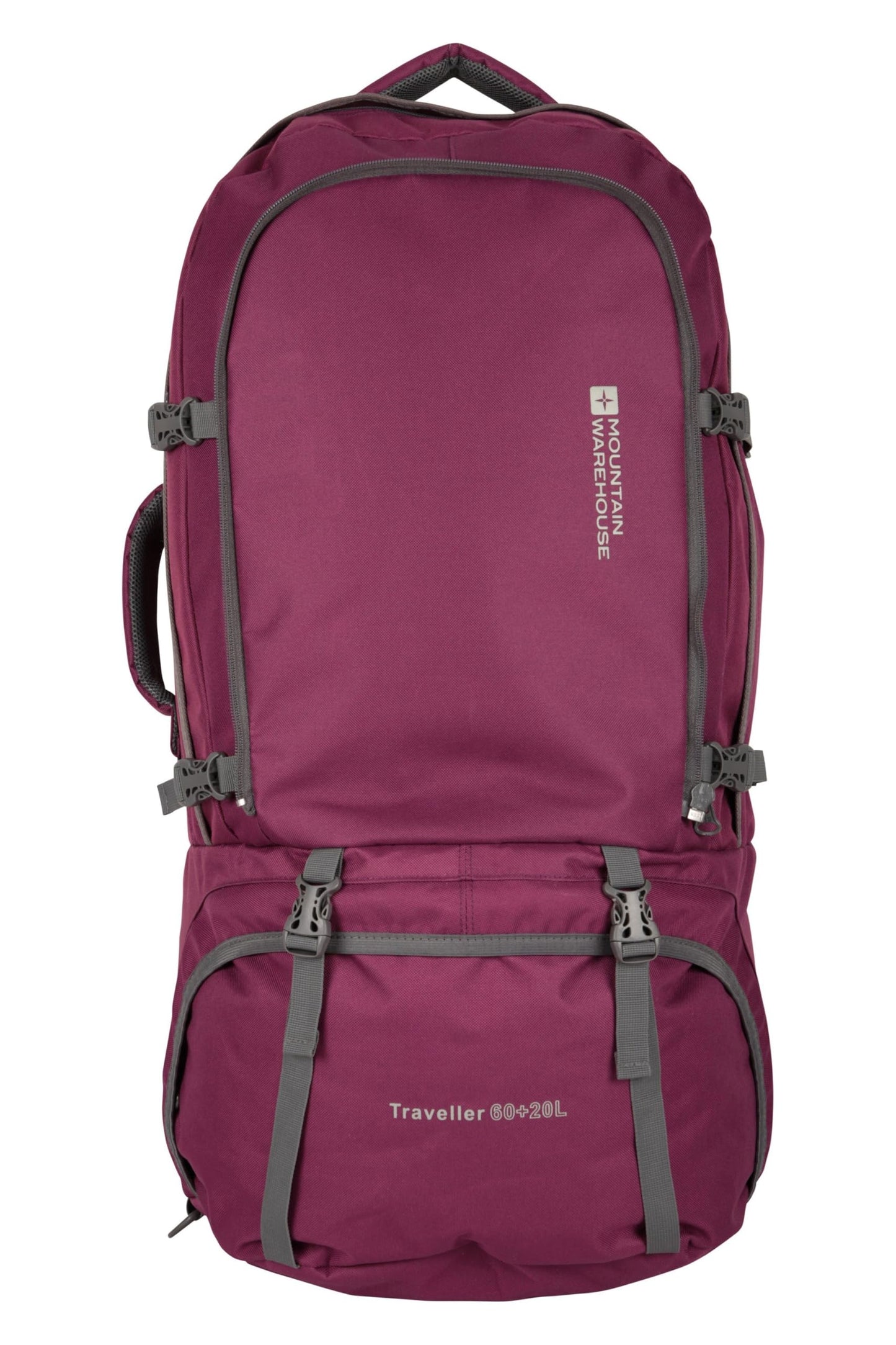 Mountain Warehouse Purple Traveller 60 + 20L Rucksack - with Rain Cover, Detachable Daypack, Adjustable Back Support - Great for Camping, Hiking