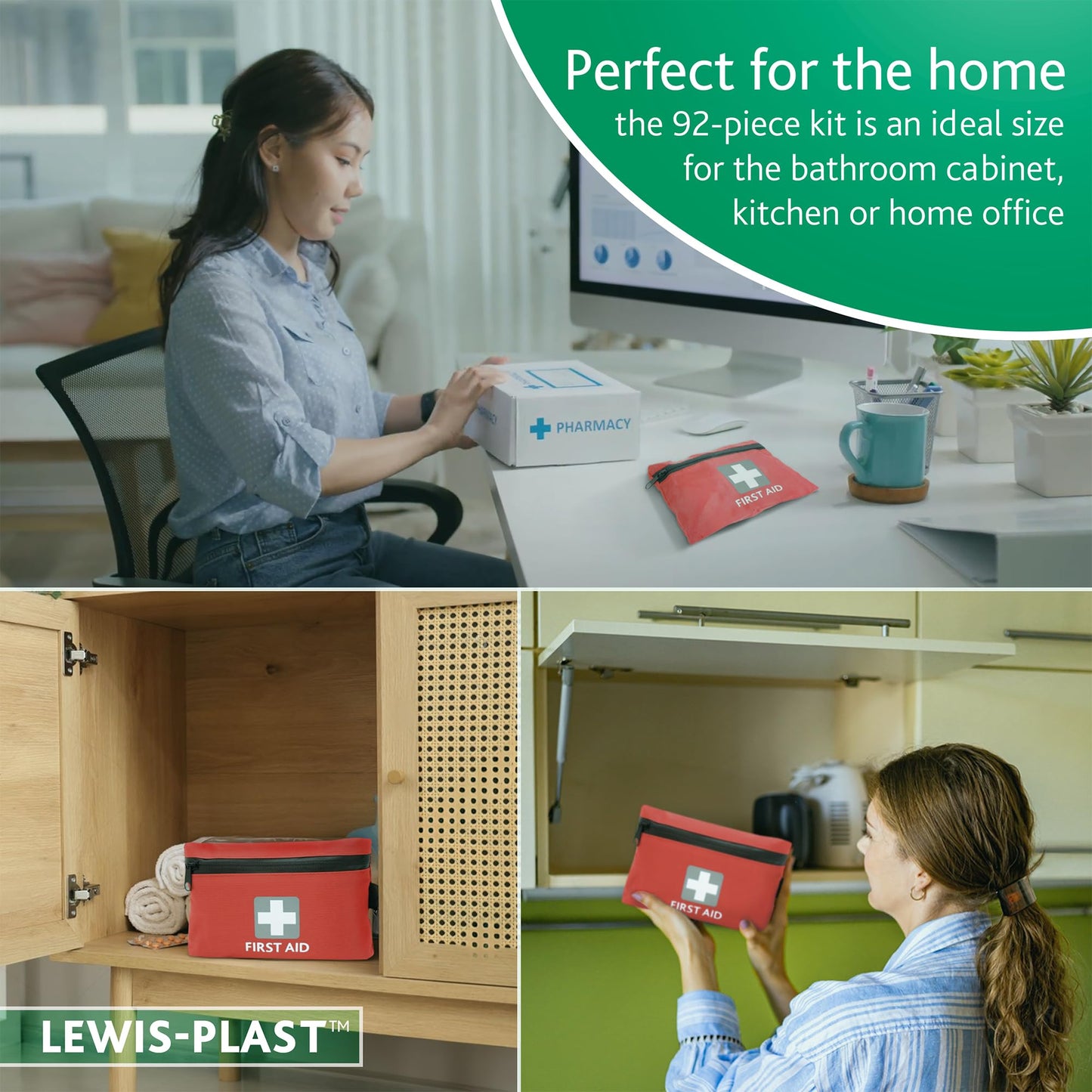 Lewis-Plast Premium 92 Piece First Aid Kit - Safety Essentials for Travel, Car, Home, Camping, Work, Hiking & Holiday Red , Small