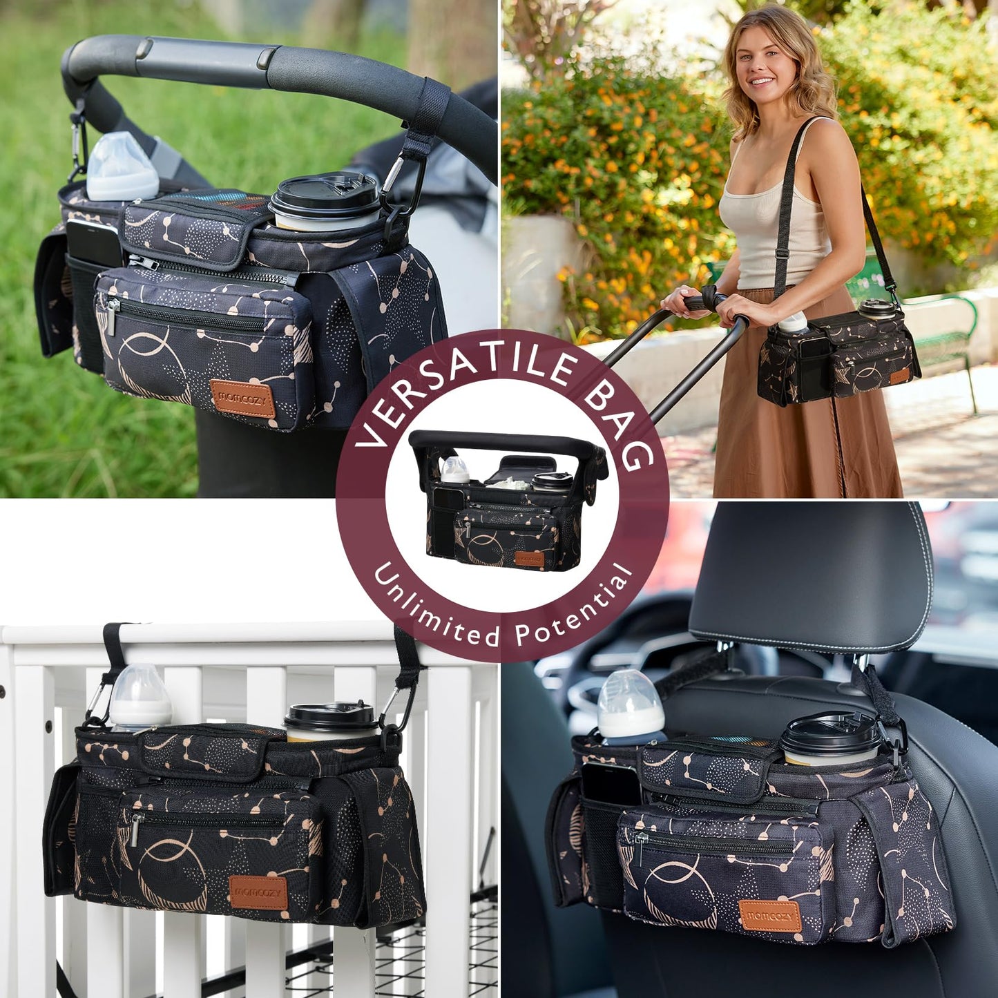 Momcozy Universal Baby Stroller Organizer, 2 Insulated Cup Holder, Detachable Zippered Pocket, Adjustable Shoulder Strap, Large capacity for baby essentials, Compact Design Fits Any Strollers