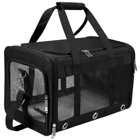 Soft Sided Foldable Pet Carrier Bag, With Shoulder Strap & Removable Mat, Durable Cat Basket of 17 lbs Airline Approved - Black, M