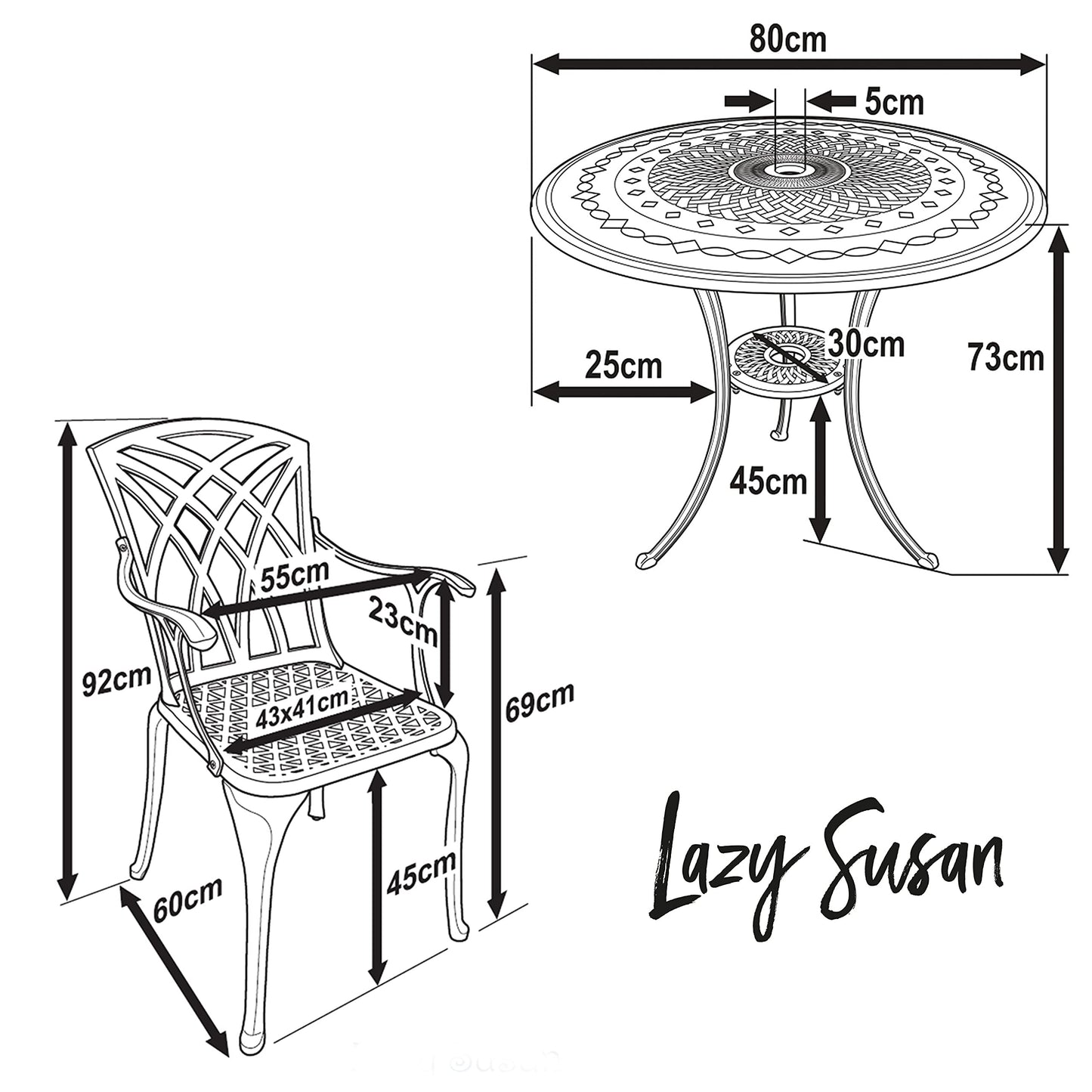 Lazy Susan Anna 4 Seater Round Garden Table, Maintenance Free, Weatherproof, Sand Cast Aluminium, Antique Bronze Finish, April Chairs, No Cushions