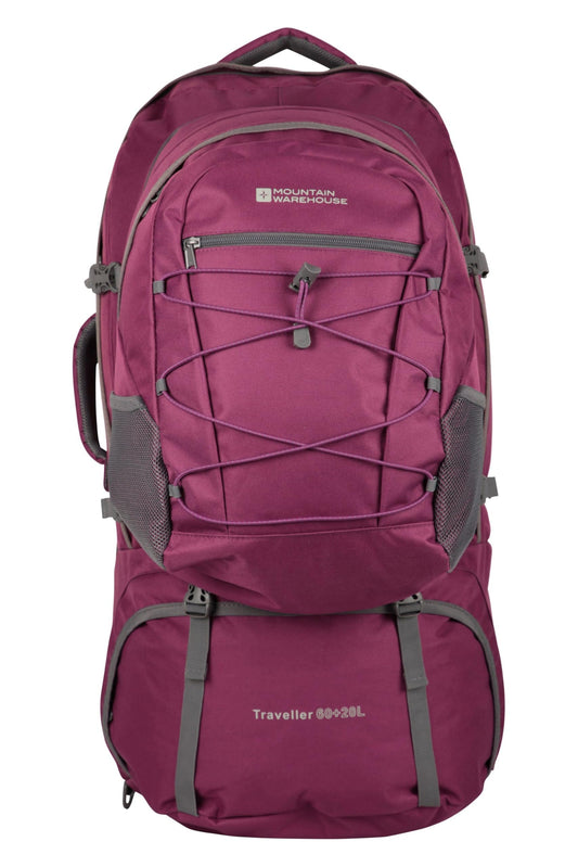 Mountain Warehouse Purple Traveller 60 + 20L Rucksack - with Rain Cover, Detachable Daypack, Adjustable Back Support - Great for Camping, Hiking