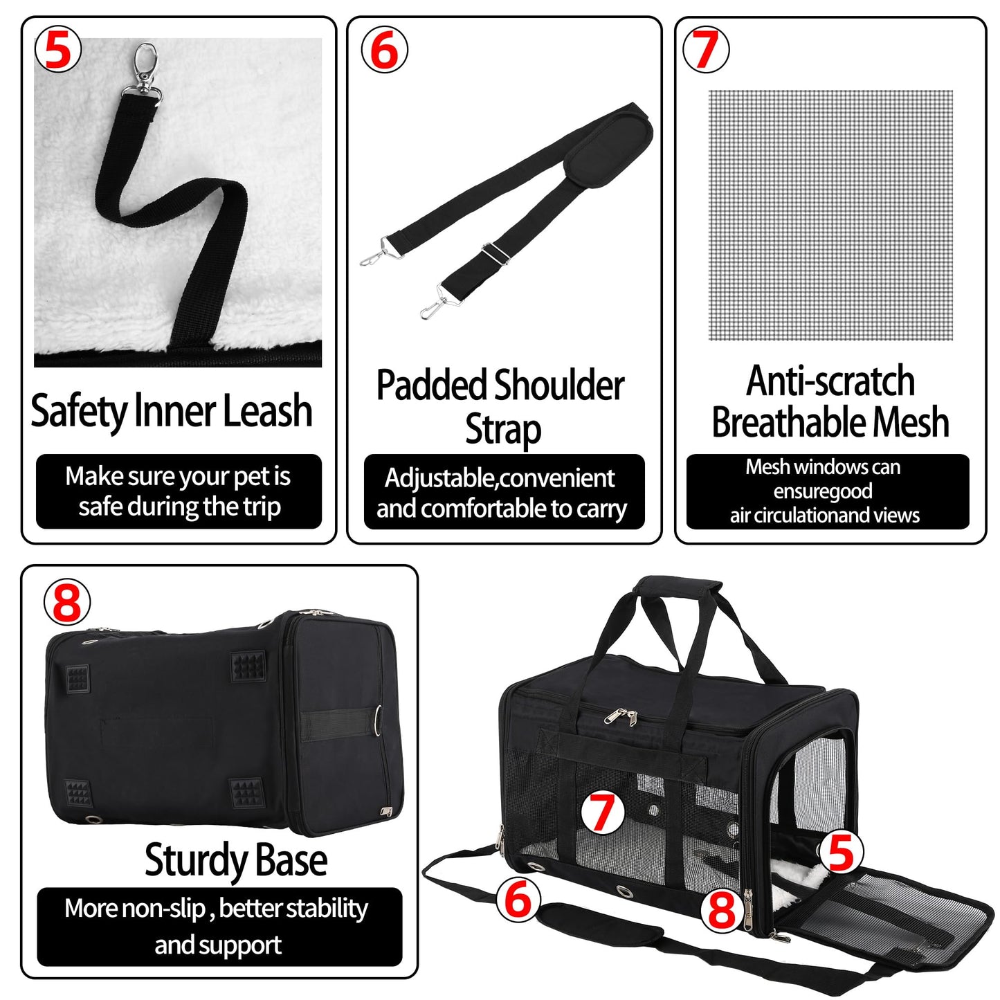 Soft Sided Foldable Pet Carrier Bag, With Shoulder Strap & Removable Mat, Durable Cat Basket of 17 lbs Airline Approved - Black, M