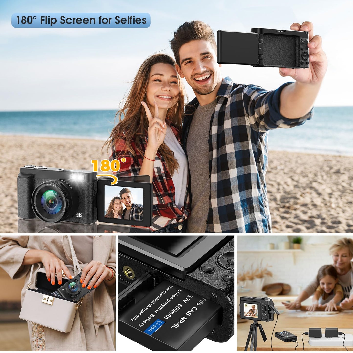 Digital Camera,Oiadek 4K 48MP Autofocus Vlogging Camera with 32G Memory Card 16X Digital Zoom,Compact Digital Camera with 3.0 inch 180° Flip Screen and Battery charger for Teenagers, Beginners,Adults