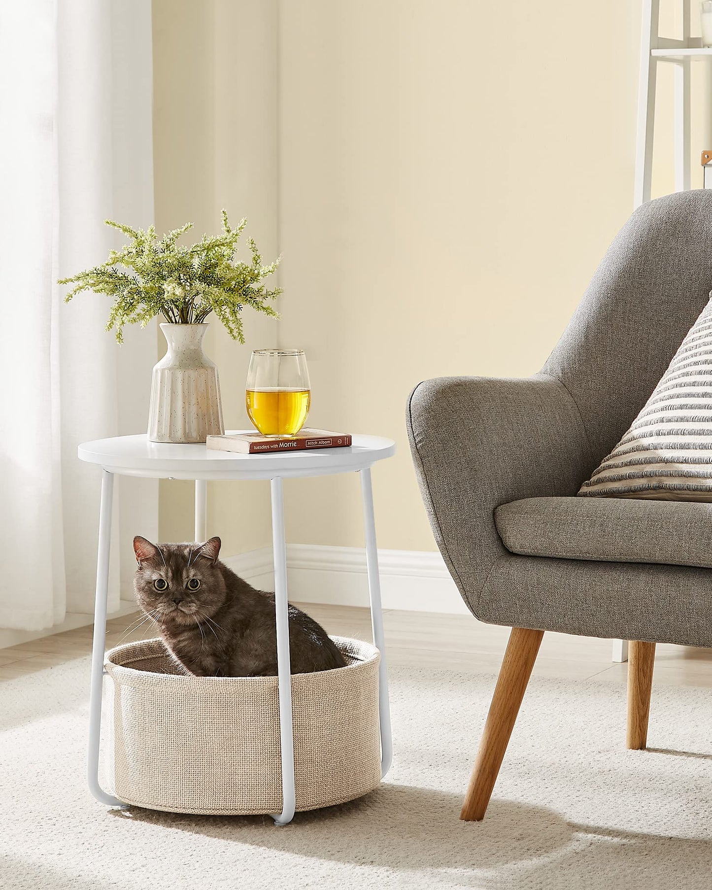 VASAGLE Side Table, Round End Table with Fabric Basket, Spacious, for Living Room Bedroom, Bedside Table, Modern Style, White and Beige LET223W10