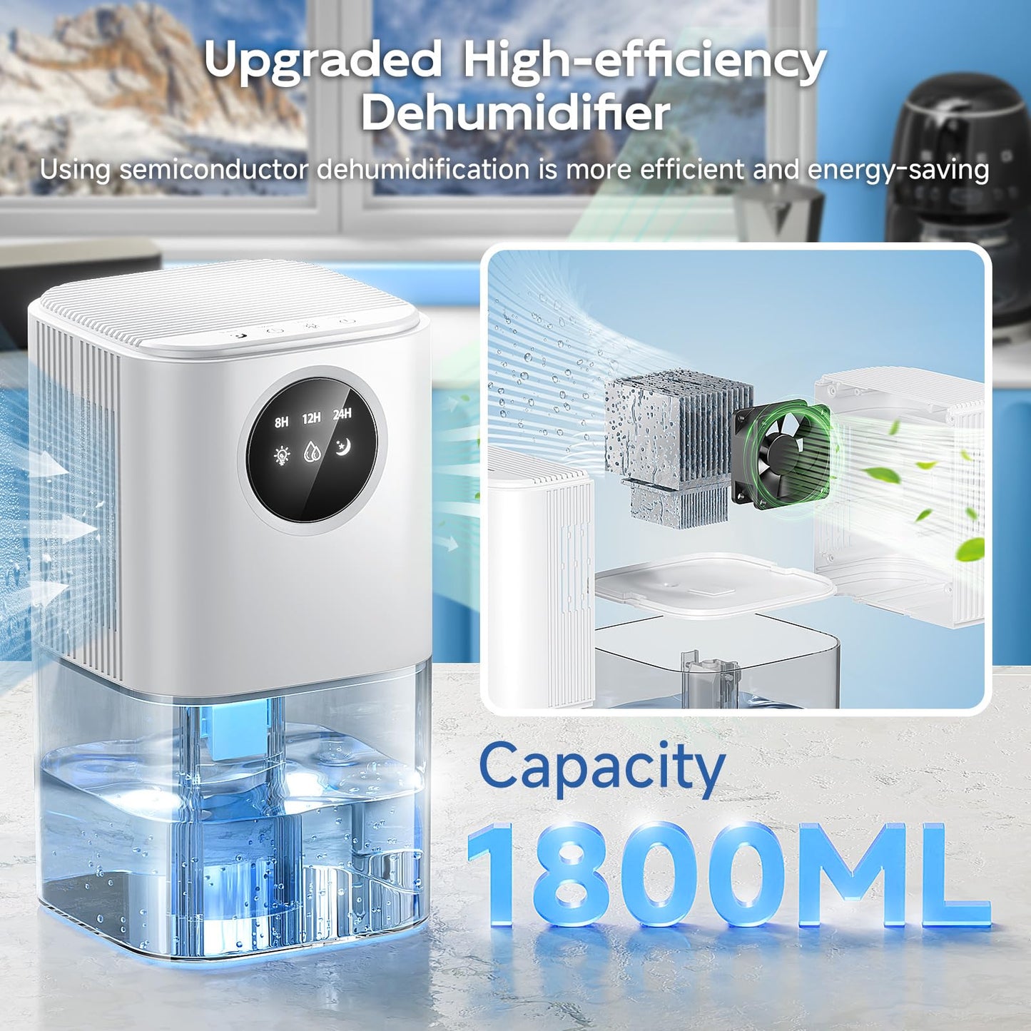 1800ML Dehumidifier, Portable Ultra Quiet Auto Shut Off & Timer Dehumidifiers for Drying Clothes, Bedroom, Bathroom, Wardrobe, Caravan RV Room