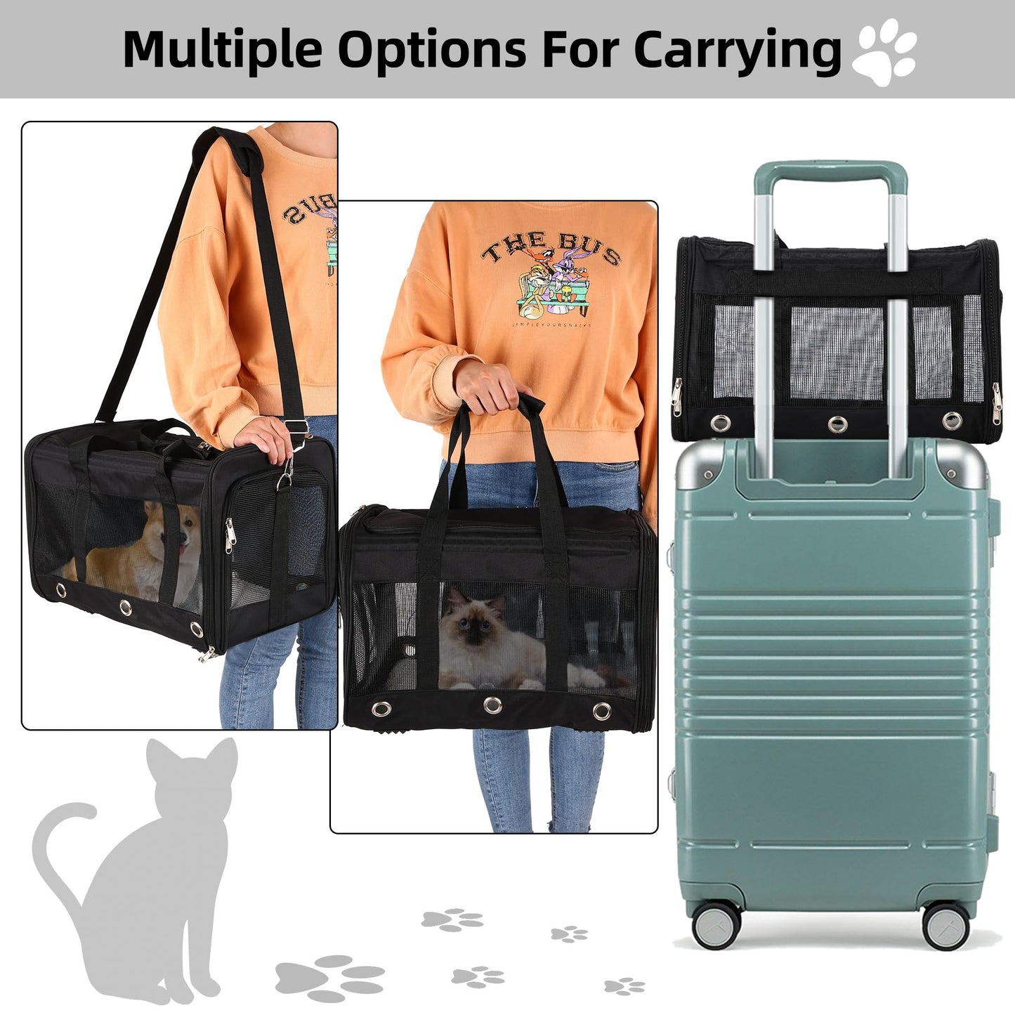 Soft Sided Foldable Pet Carrier Bag, With Shoulder Strap & Removable Mat, Durable Cat Basket of 17 lbs Airline Approved - Black, M