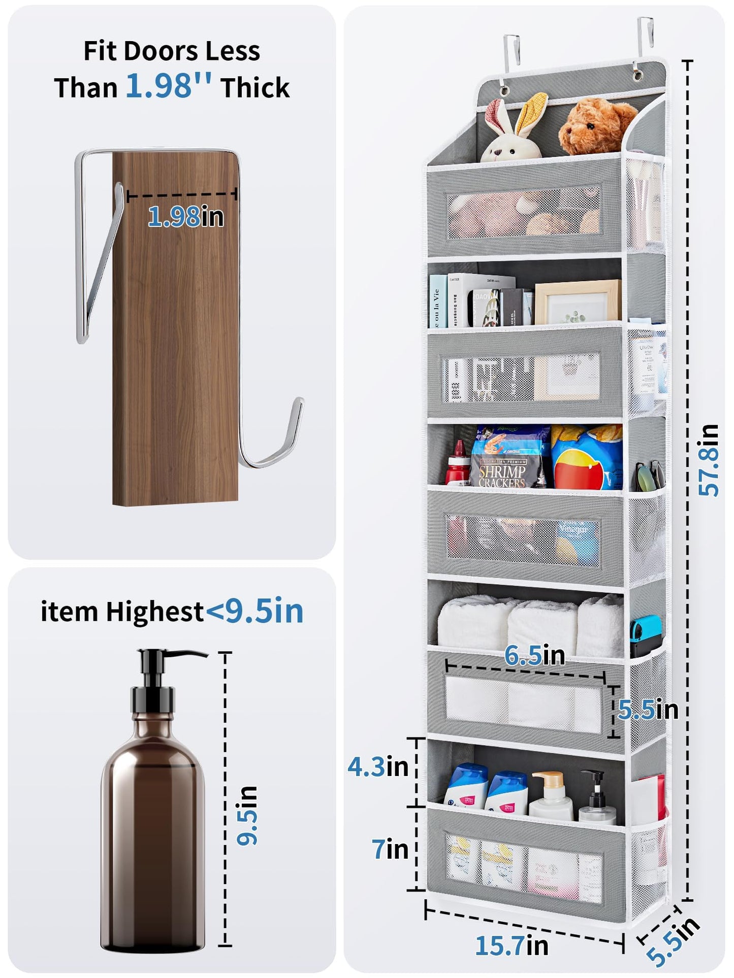 HurLuksi Over The Door Organiser Storage, 5 Shelves Hanging Door Organiser with Capacity Pockets, Anti Tilt 44 lb Load Behind Door Organiser for Bedroom, Bathroom, Pantry, Nursery